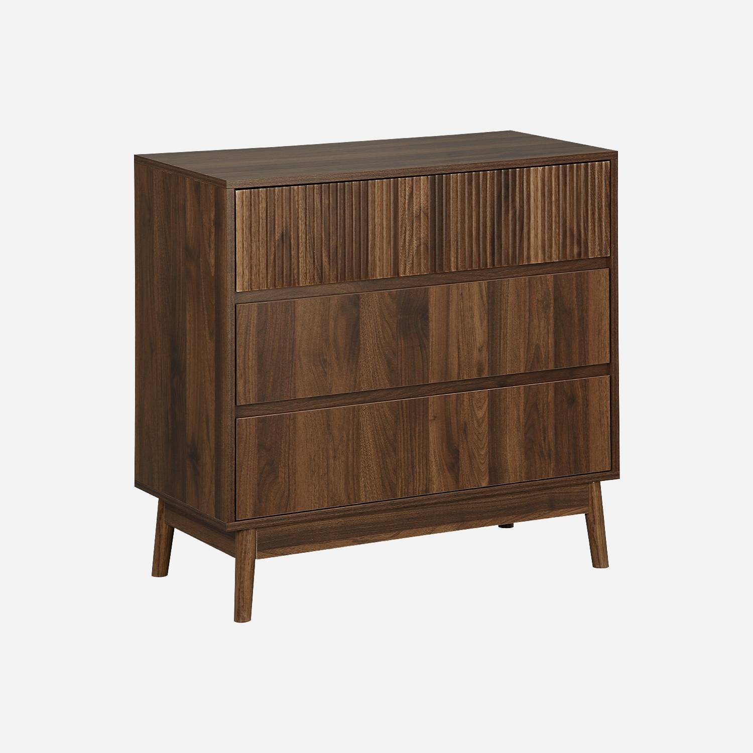 Grooved wood detail 3-drawer chest, 80x40x80cm, Dark Wood colour | sweeek
