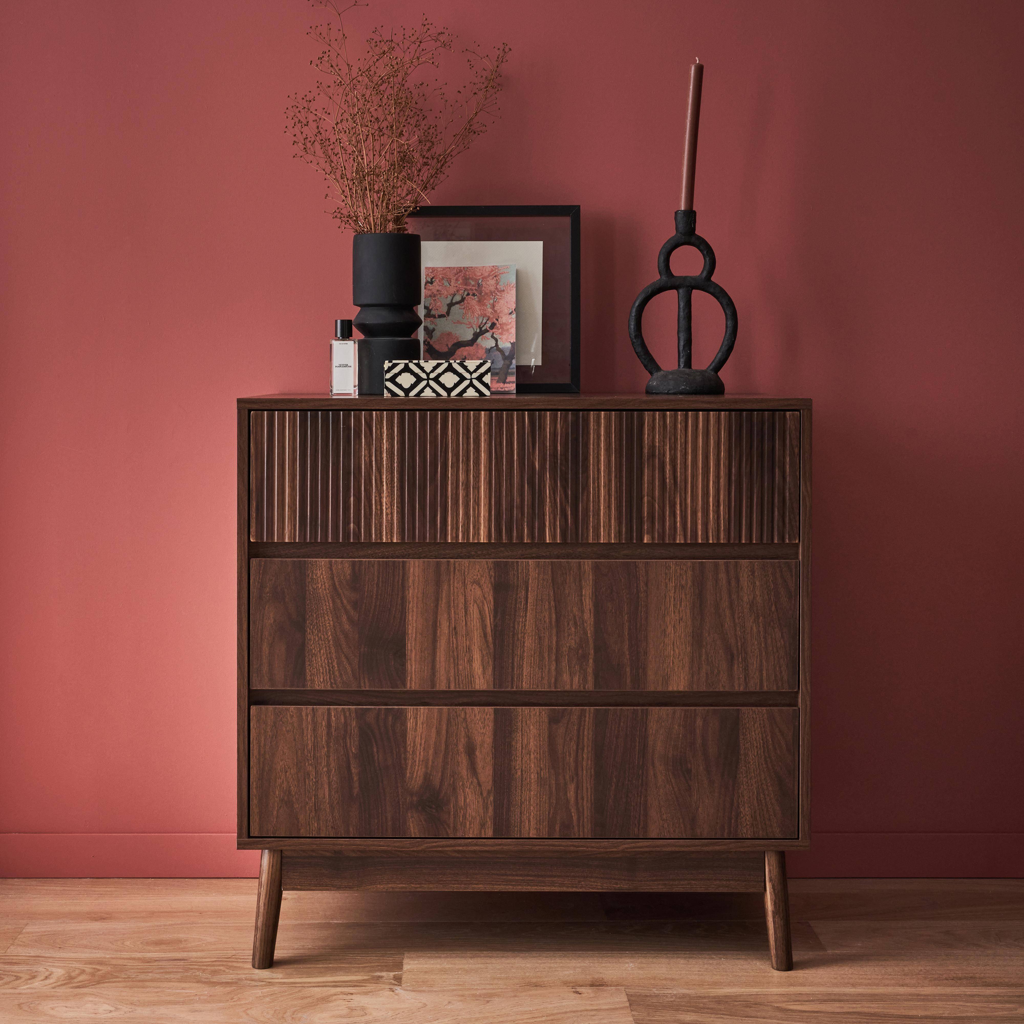 Grooved wood detail 3-drawer chest, 80x40x80cm - Linear - Dark Wood colour,sweeek,Photo1
