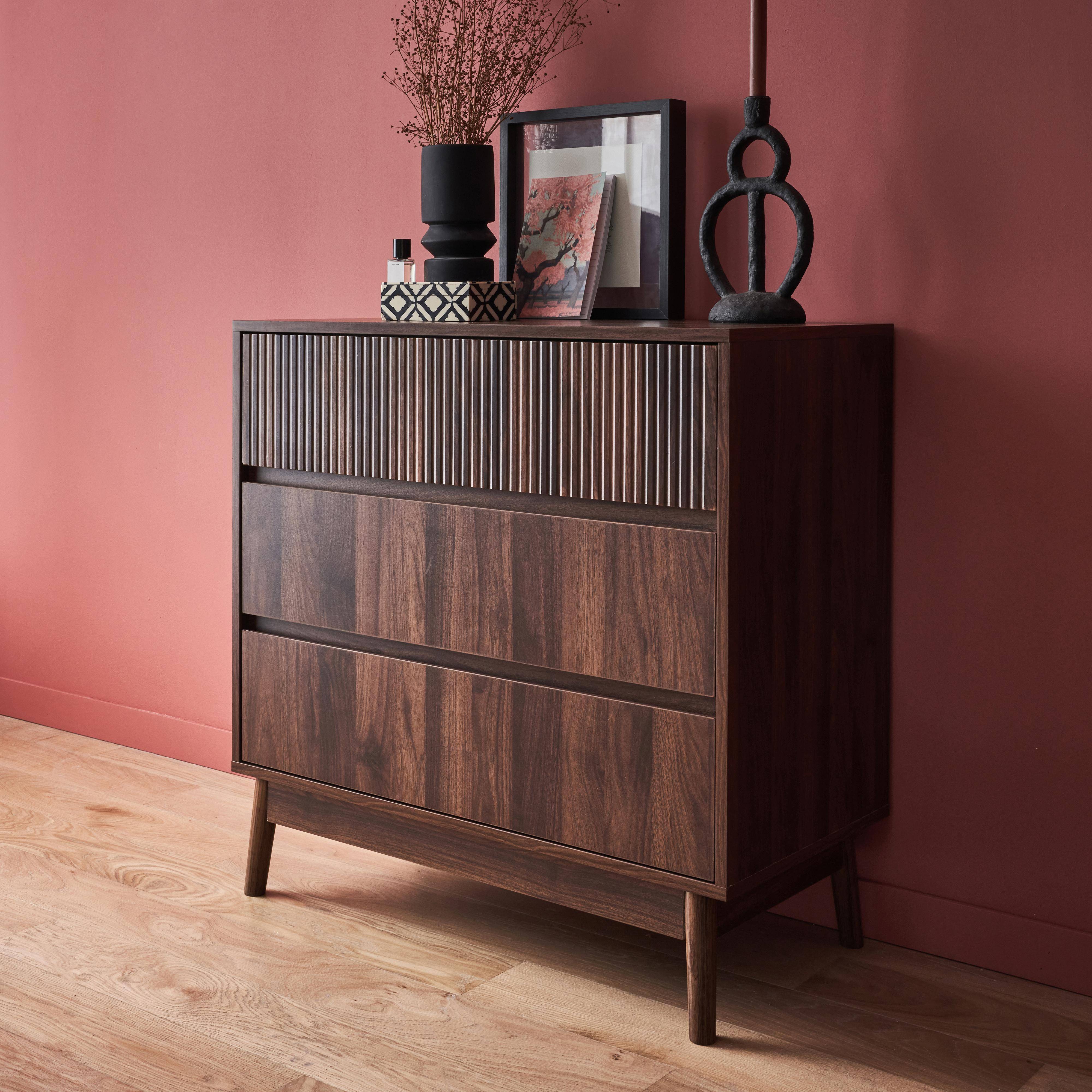 Grooved wood detail 3-drawer chest, 80x40x80cm - Linear - Dark Wood colour,sweeek,Photo2