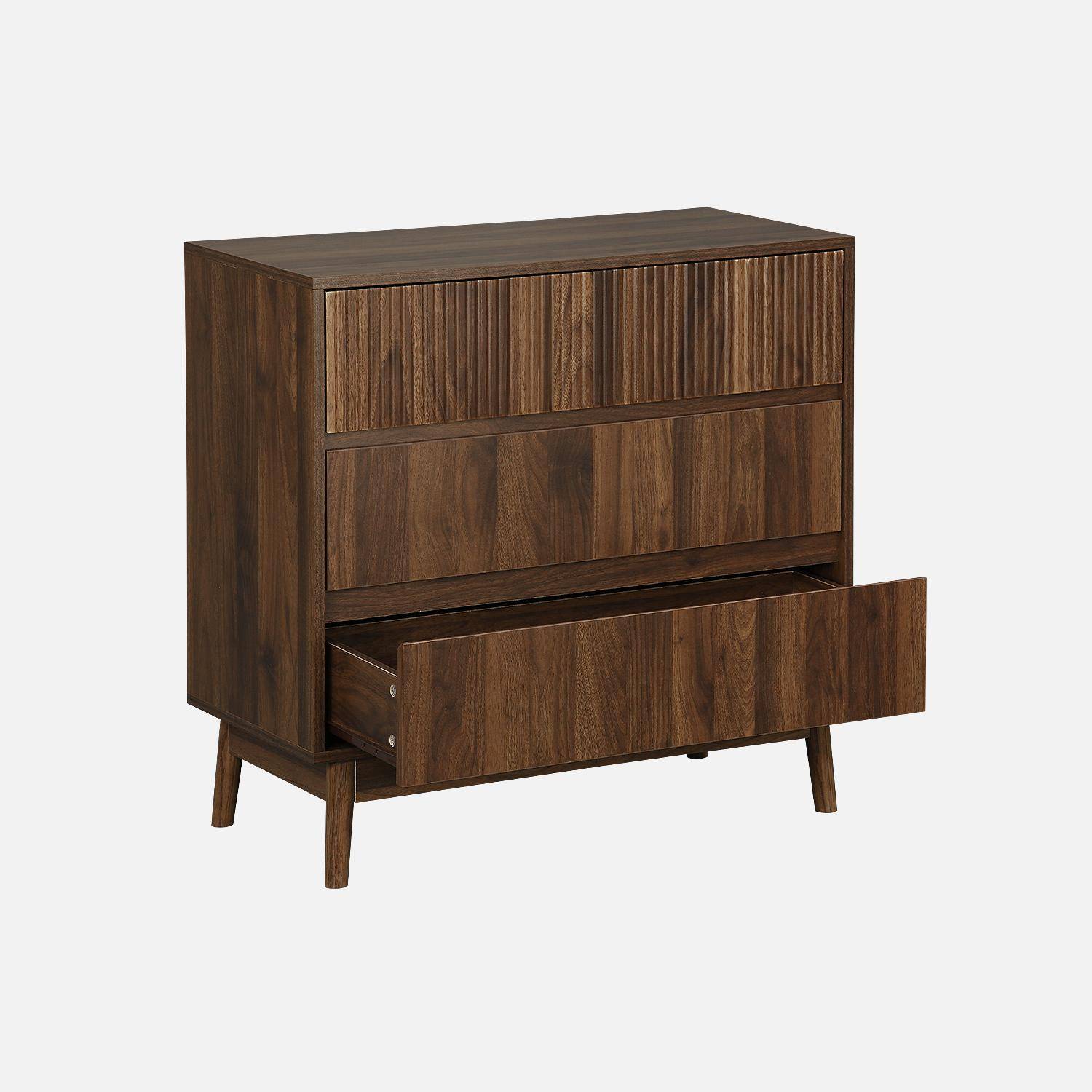 Grooved wood detail 3-drawer chest, 80x40x80cm - Linear - Dark Wood colour,sweeek,Photo5