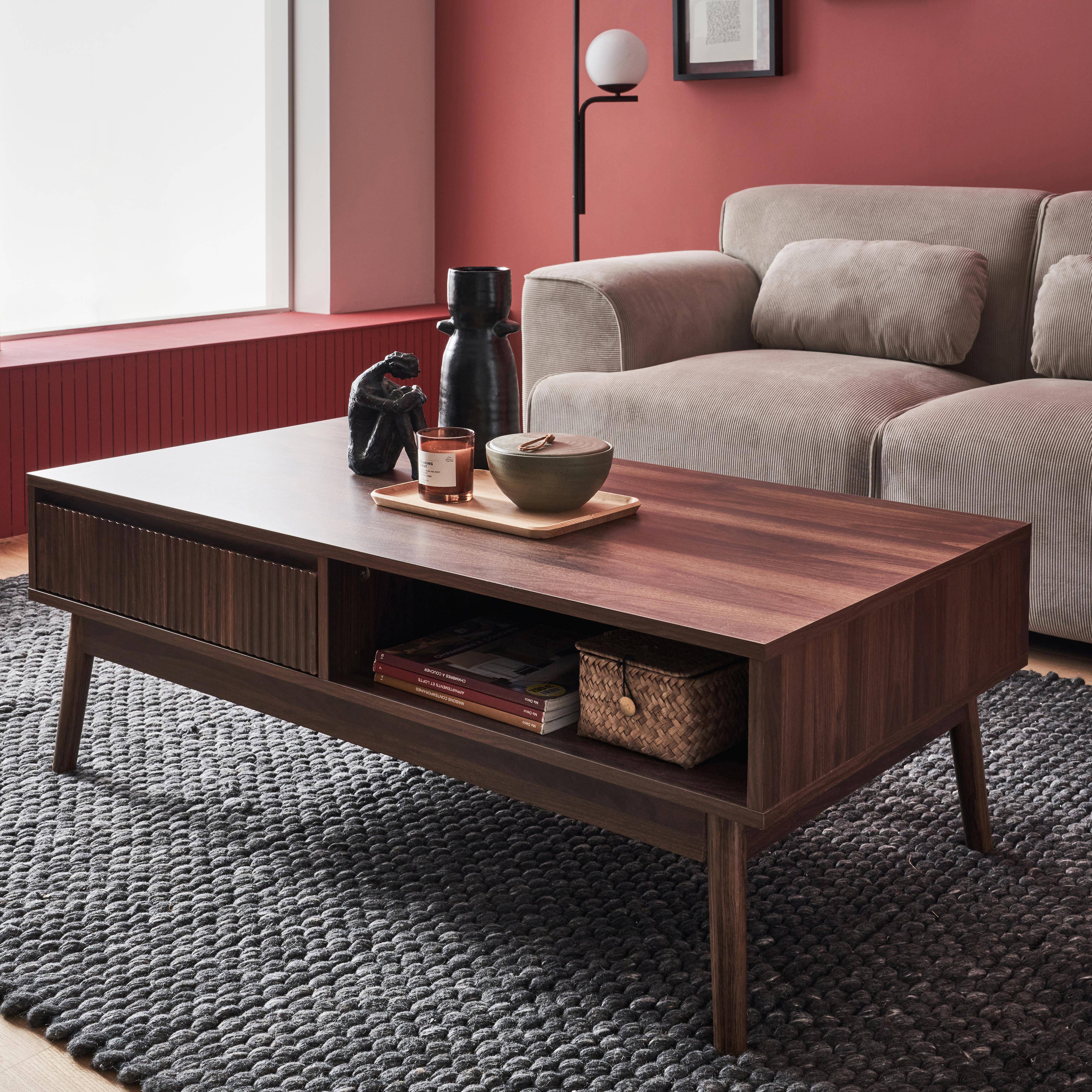 Wooden coffee table with one drawer storage, dark wood, L110xW59xH39cm,sweeek,Photo2