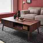 Tavolino tinto noce, Linear, decoro in legno scanalato, gambe a compasso, 2 nicchie, 1 cassetto, L 110 x L 59 x H 39cm Photo2