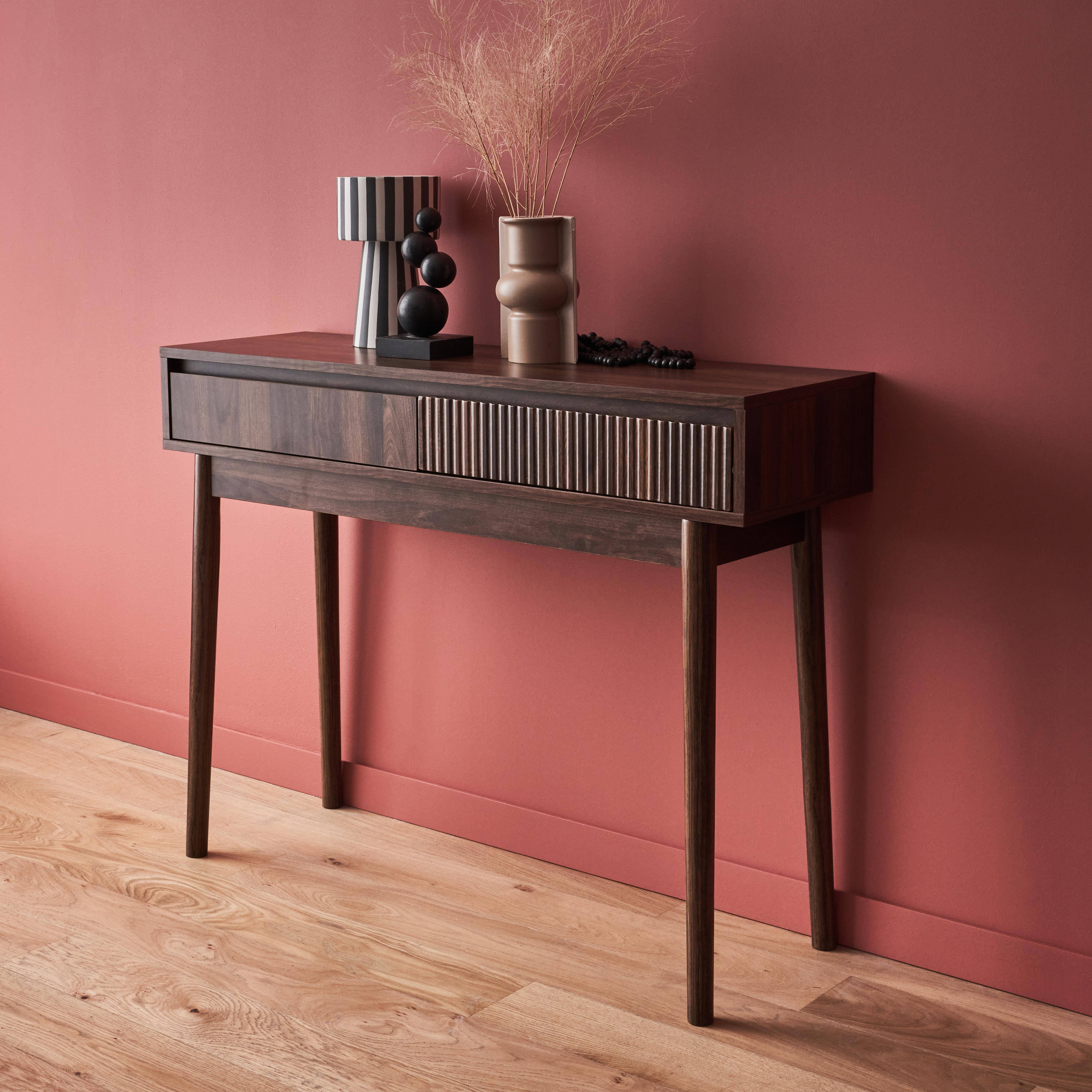 Grooved wood detail console table, 100x30x75cm, Linear, Dark wood colour,sweeek,Photo2