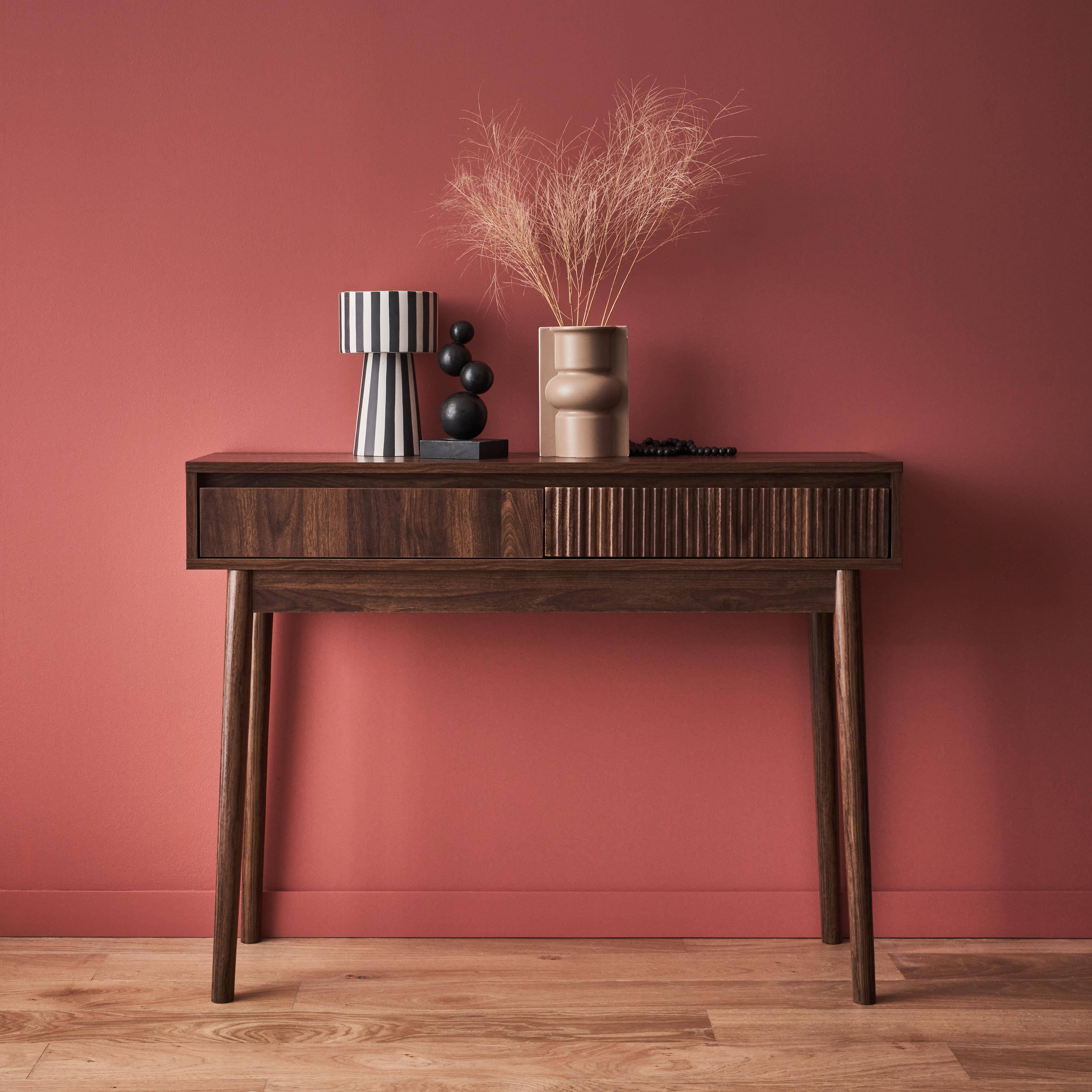 Grooved wood detail console table, 100x30x75cm, Linear, Dark wood colour,sweeek,Photo1
