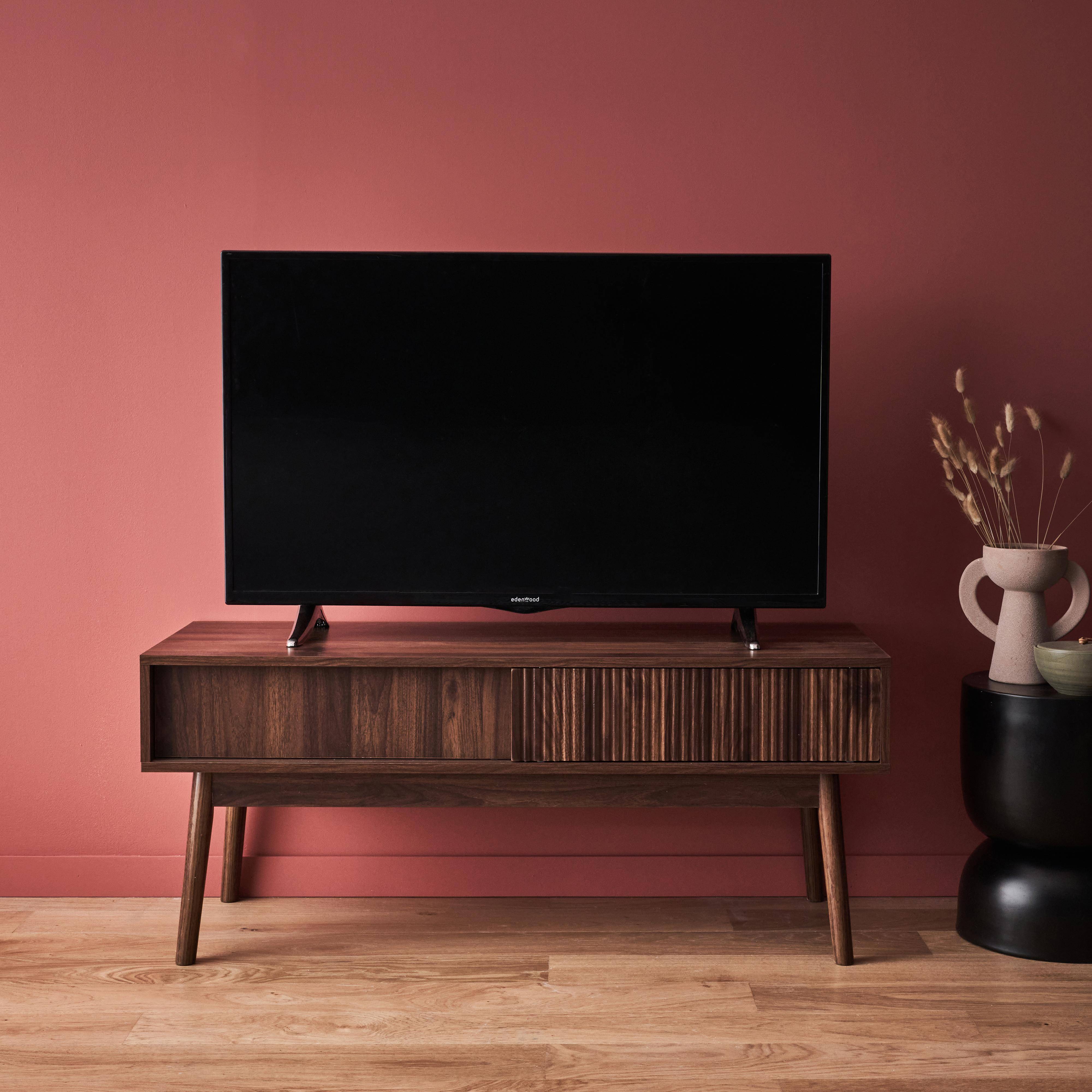 Grooved wood detail TV stand with 2 sliding doors, 115x40x48cm - Linear - Dark Wood colour Photo1