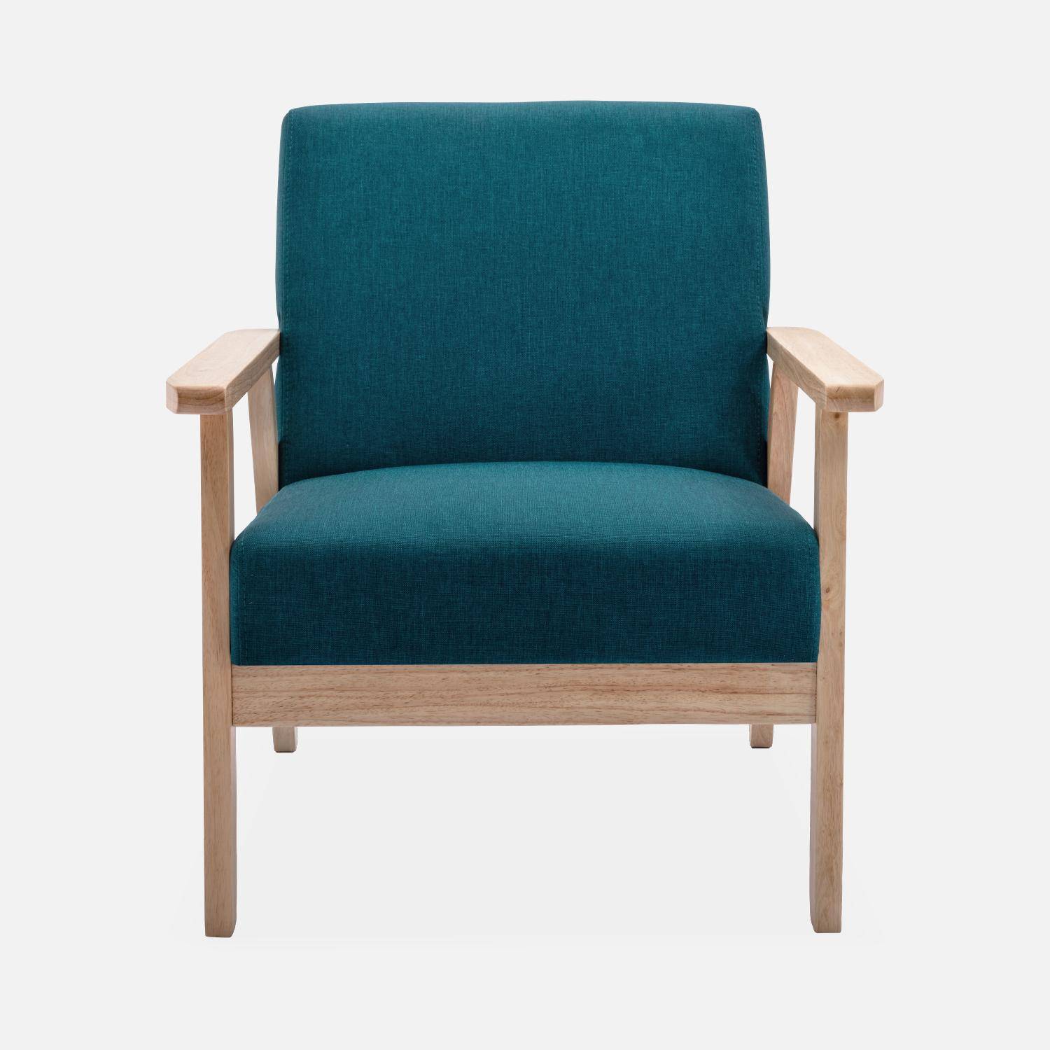 Scandinavische fauteuil van hout en petroleumblauwe stof, B 64 x D 69,5 x H 73cm,sweeek,Photo3