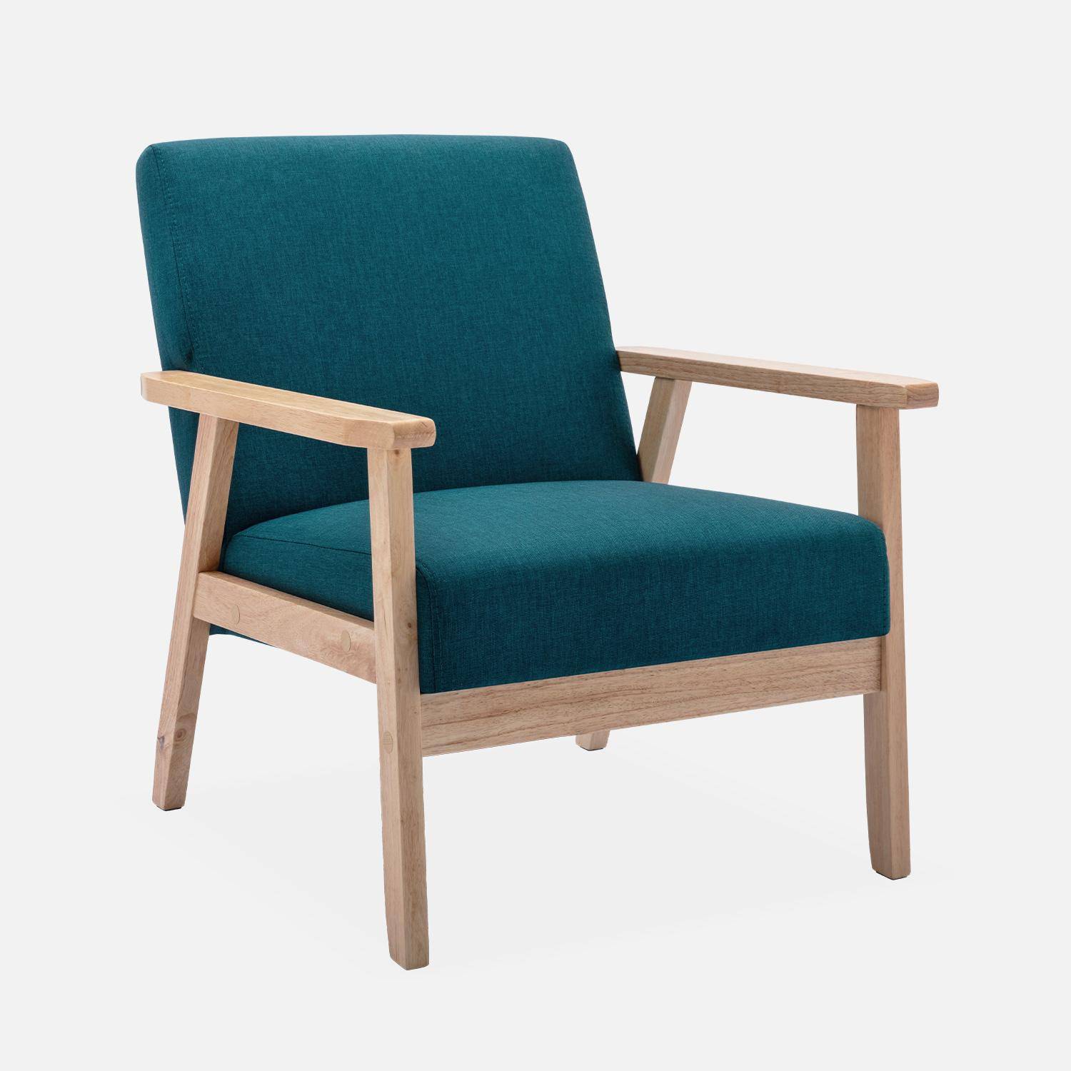 Scandinavische fauteuil van hout en petroleumblauwe stof, B 64 x D 69,5 x H 73cm,sweeek,Photo2