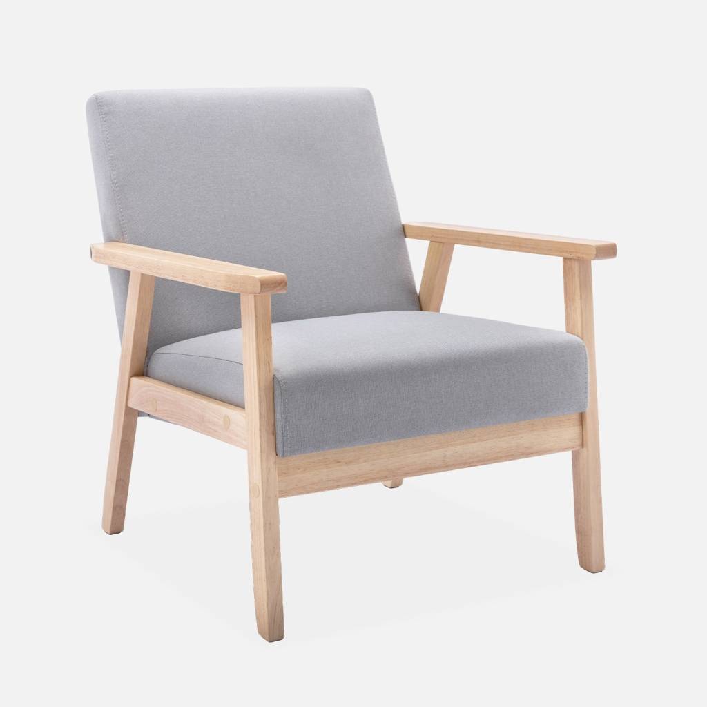 Sillón estilo escandinavo de madera y tela, Gris claro