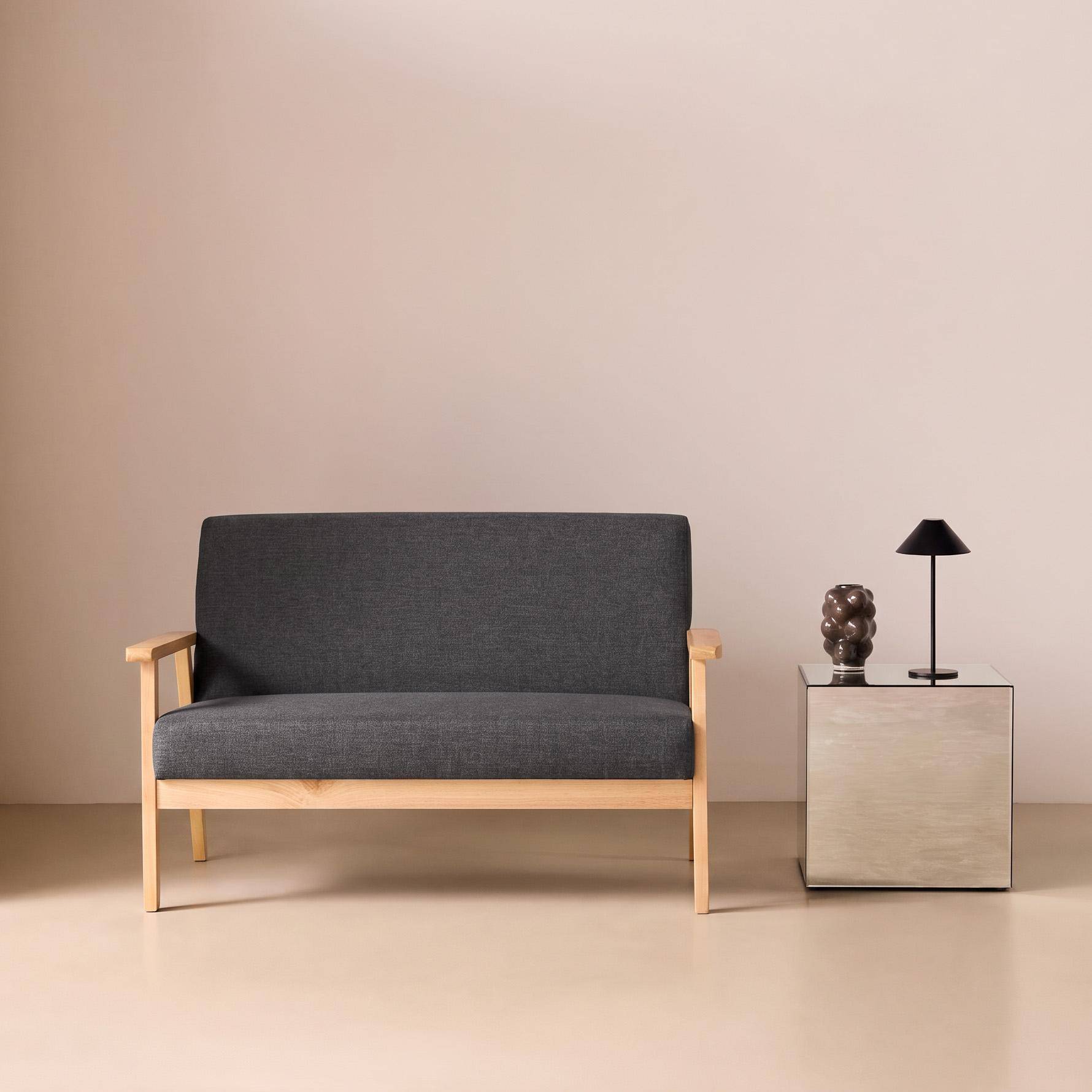 Scandinavisch 2-zits bankje met rubberhout en stof donkergrijs - Isak Photo1