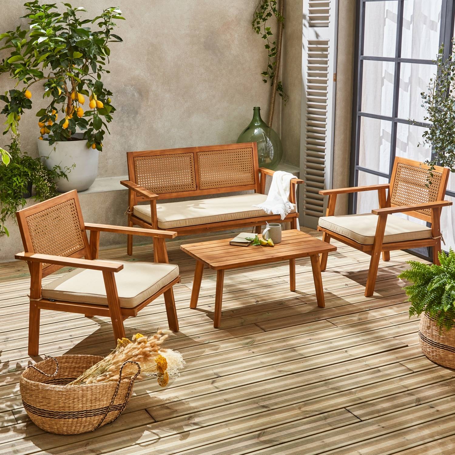 Ensemble de salon de jardin en L en fer corde beige - table incluse