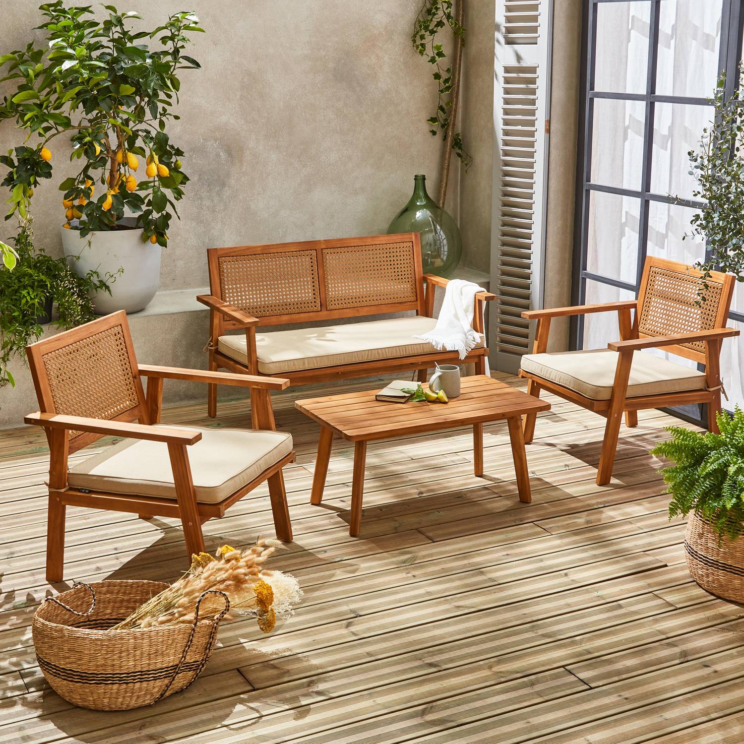 Conjunto de mobiliário de jardim, Bohémia, cana redonda, sofá de 2 lugares, 2 poltronas, 1 mesa de centro 117x64x74 cm Photo1