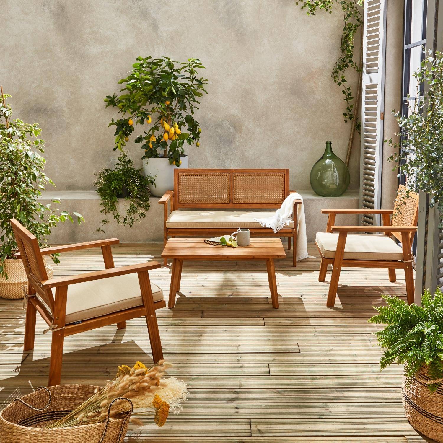 Zestaw mebli ogrodowych 4-osobowy z drewna akacjowego i rattanu, Bohémia, sofa 2-osobowa, 2 fotele, 1 stolik kawowy 117x64x74 cm,sweeek,Photo2