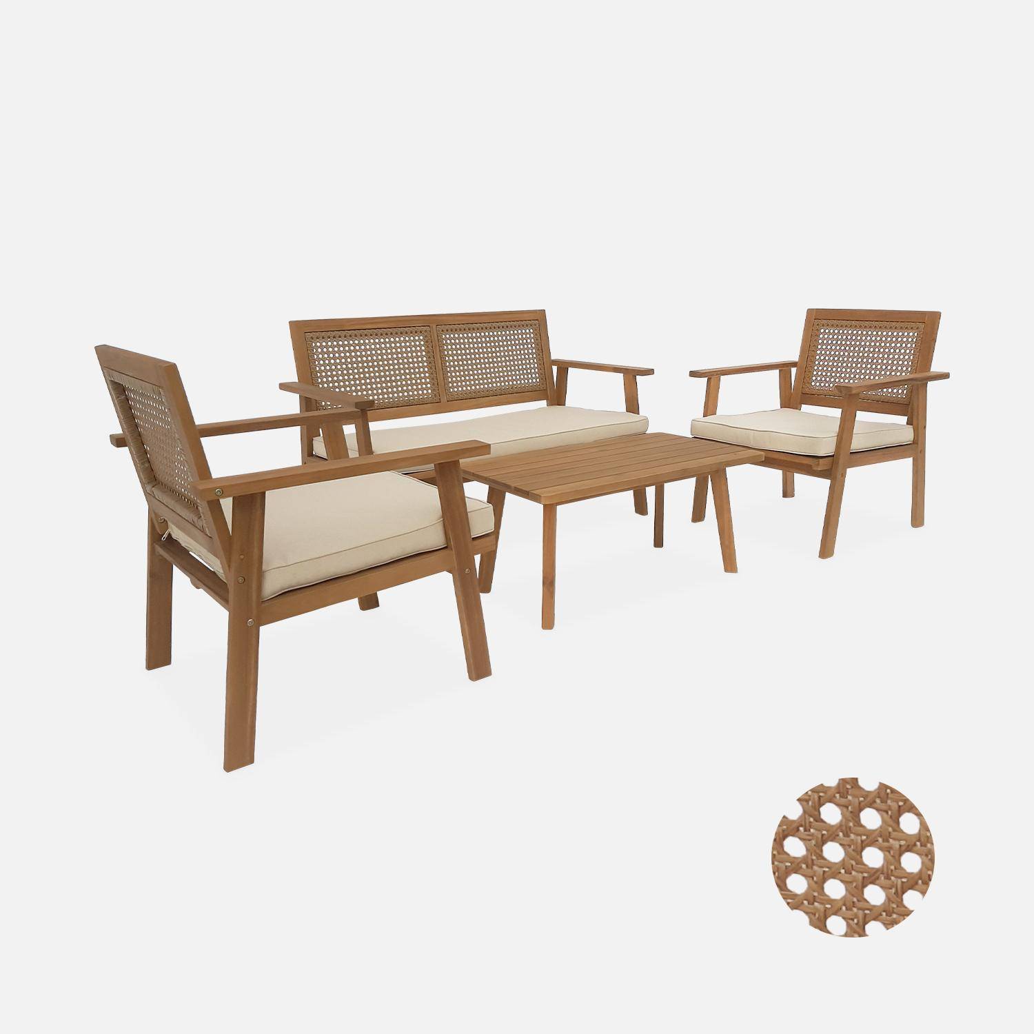 Gartengarnitur aus Holz und Rundrohrgeflecht 2-Sitzer-Sofa, 2 Sessel, 1 Couchtisch - Bohémia 117 x 64 x 74 cm,sweeek,Photo3