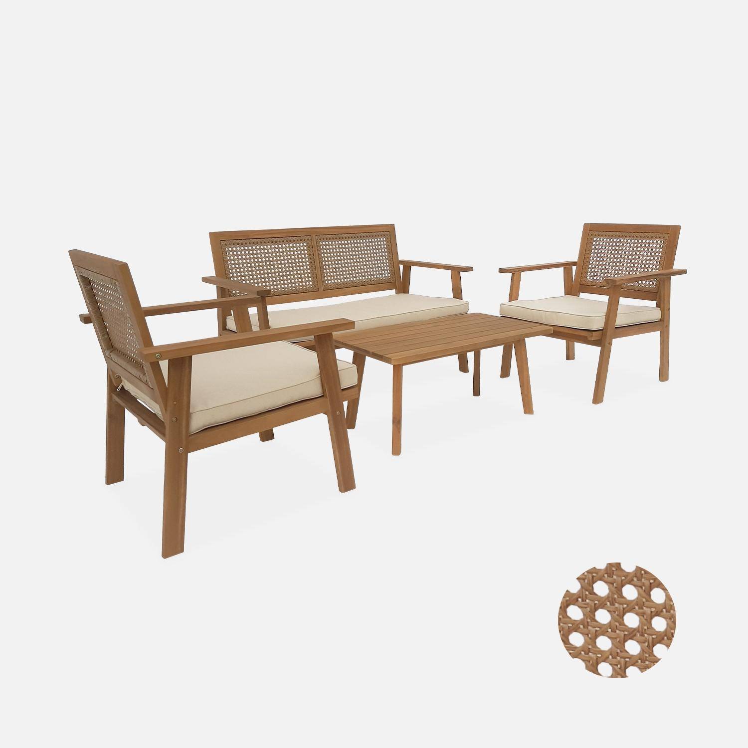 Zestaw mebli ogrodowych 4-osobowy z drewna akacjowego i rattanu, Bohémia, sofa 2-osobowa, 2 fotele, 1 stolik kawowy 117x64x74 cm Photo3