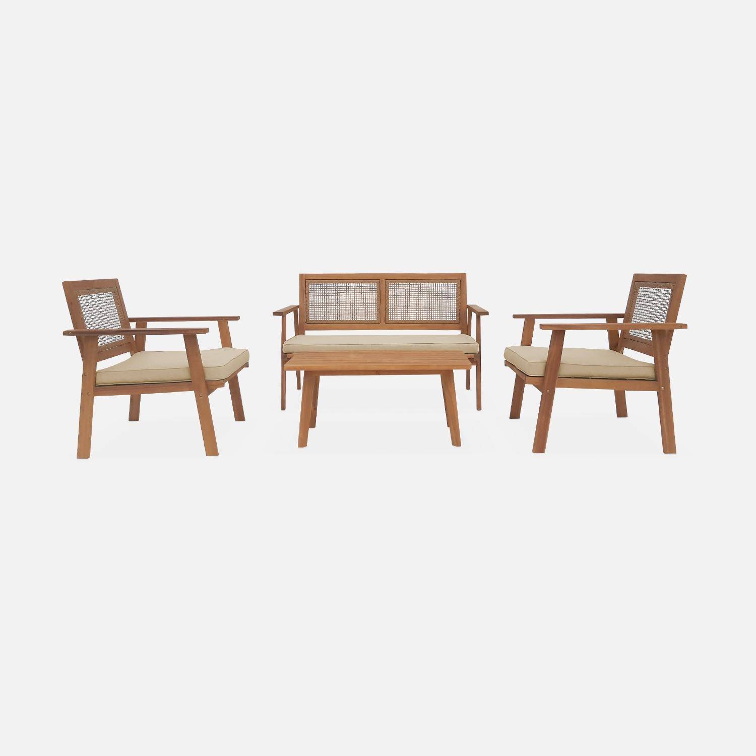 Drewniany zestaw mebli ogrodowych, Bohémia, oparcia z rattanu w kwadracie, 2-osobowa sofa, 2 fotele, 1 stolik kawowy 117x64x74 cm Photo4