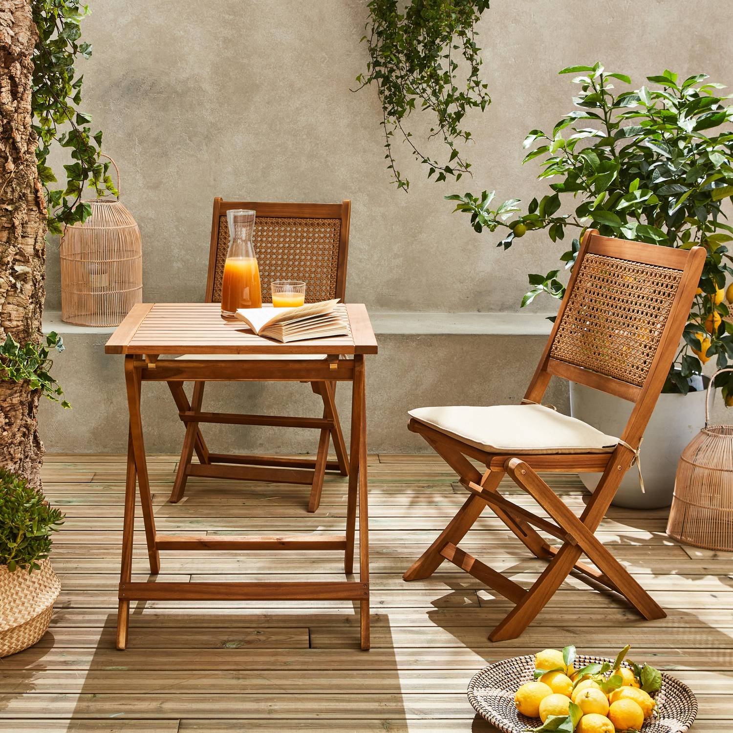 Mesa de jardim bistrô redonda de cana, 2 lugares, Bohémia, 1 mesa, 2 cadeiras 60x60x72 cm Photo1