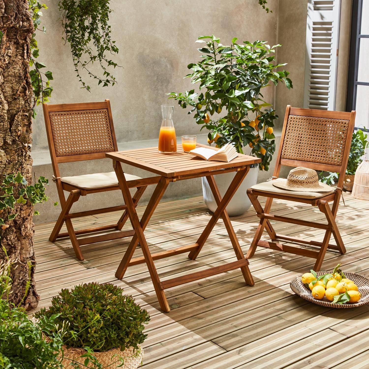 Ronde rieten bistro tuintafel, 2 zits, Bohémia, 1 tafel, 2 stoelen 60x60x72 cm Photo2
