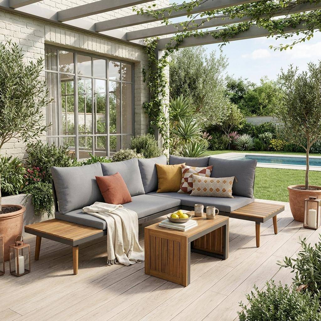 Conjunto de jardín en aluminio y en madera de acacia, 4 plazas Antracita - 140x68x65 cm Photo1