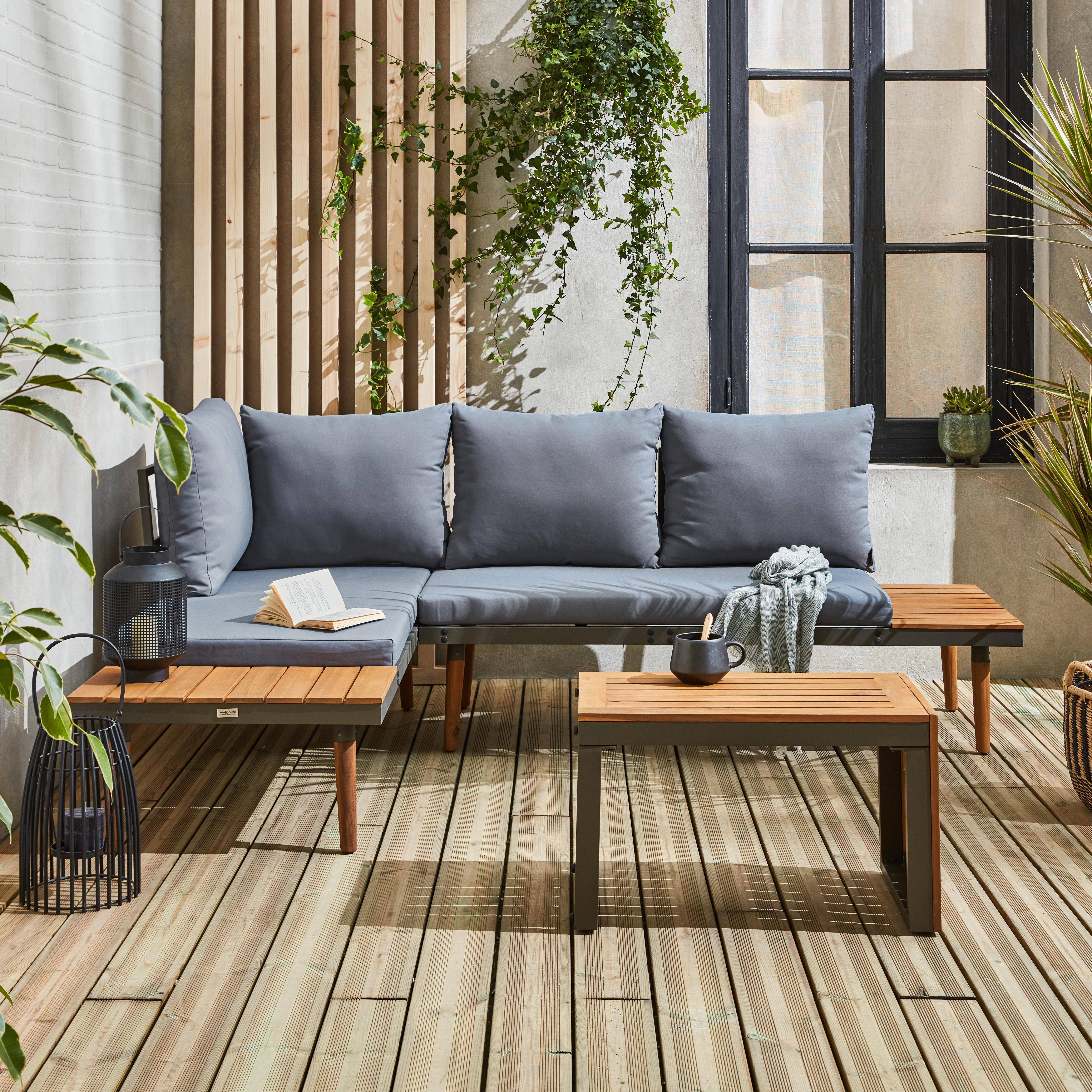 Conjunto de jardín en aluminio y en madera de acacia, 4 plazas Antracita - 140x68x65 cm,sweeek,Photo2