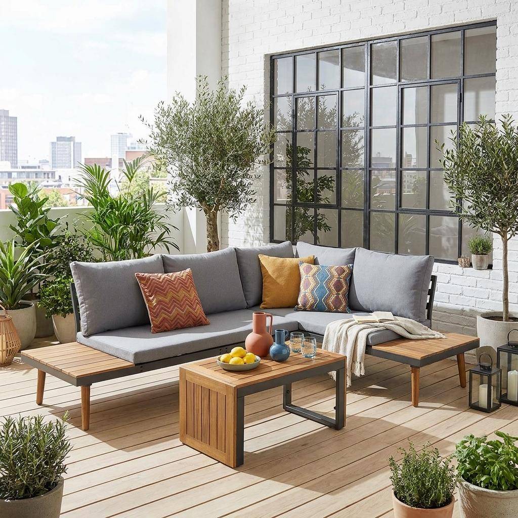 Modulares Gartenmöbelset in Anthrazit und Grau aus Aluminium und Akazienholz, 4-Sitzer, 140 x 68 x 65 cm - Sao Paulo,sweeek,Photo1