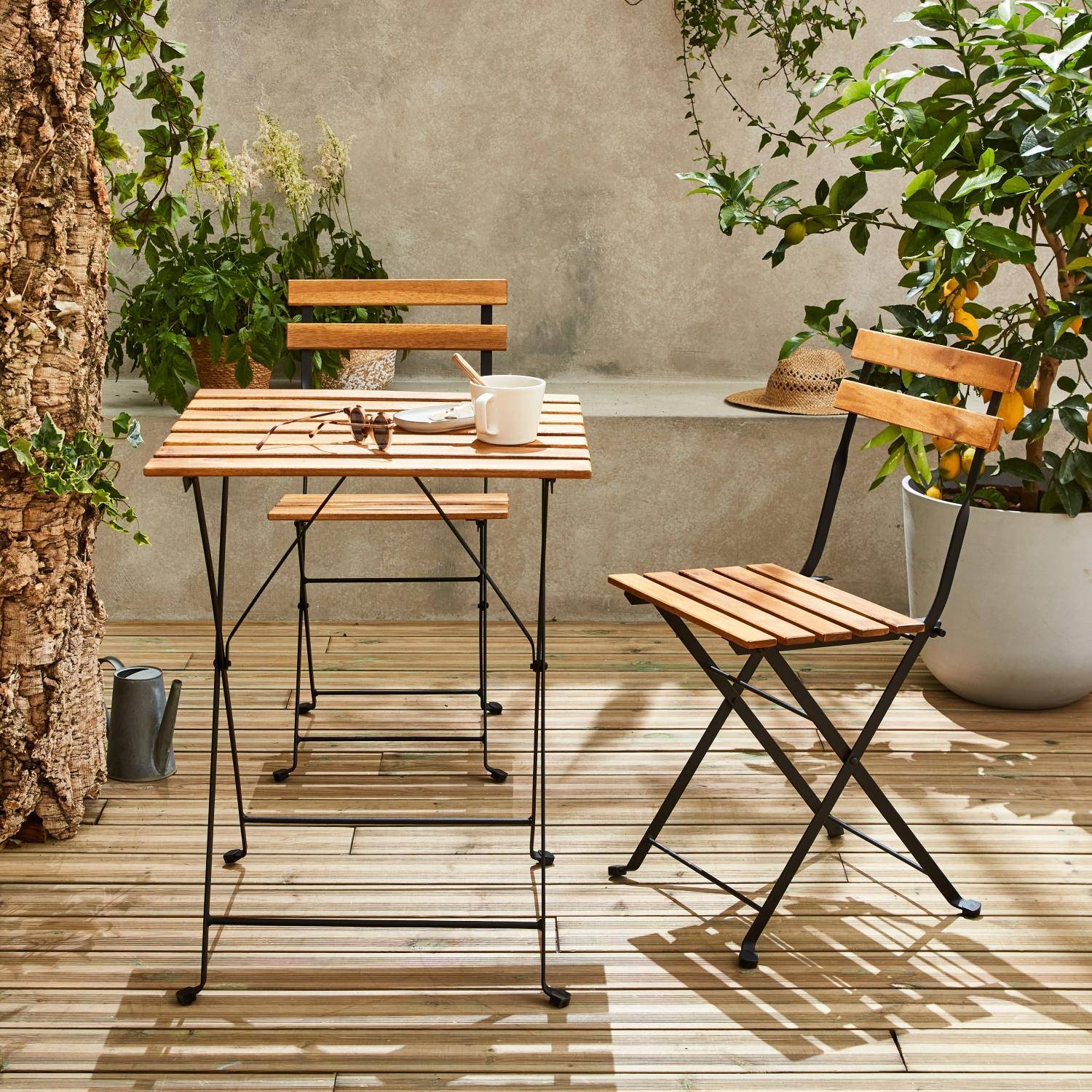 Tavolo da giardino Bistro in legno e metallo, 55 x 54 cm, sedie pieghevoli Photo3