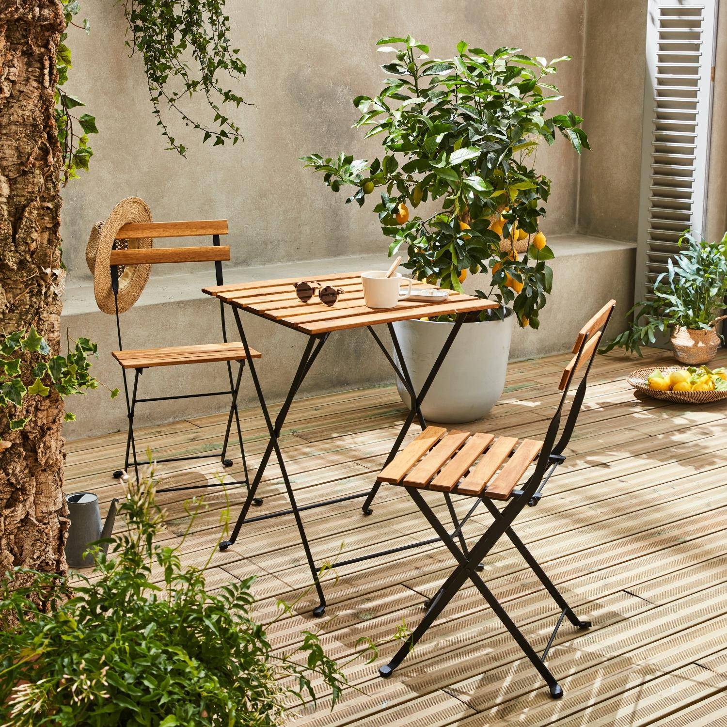 Tavolo da giardino Bistro in legno e metallo, 55 x 54 cm, sedie pieghevoli Photo2