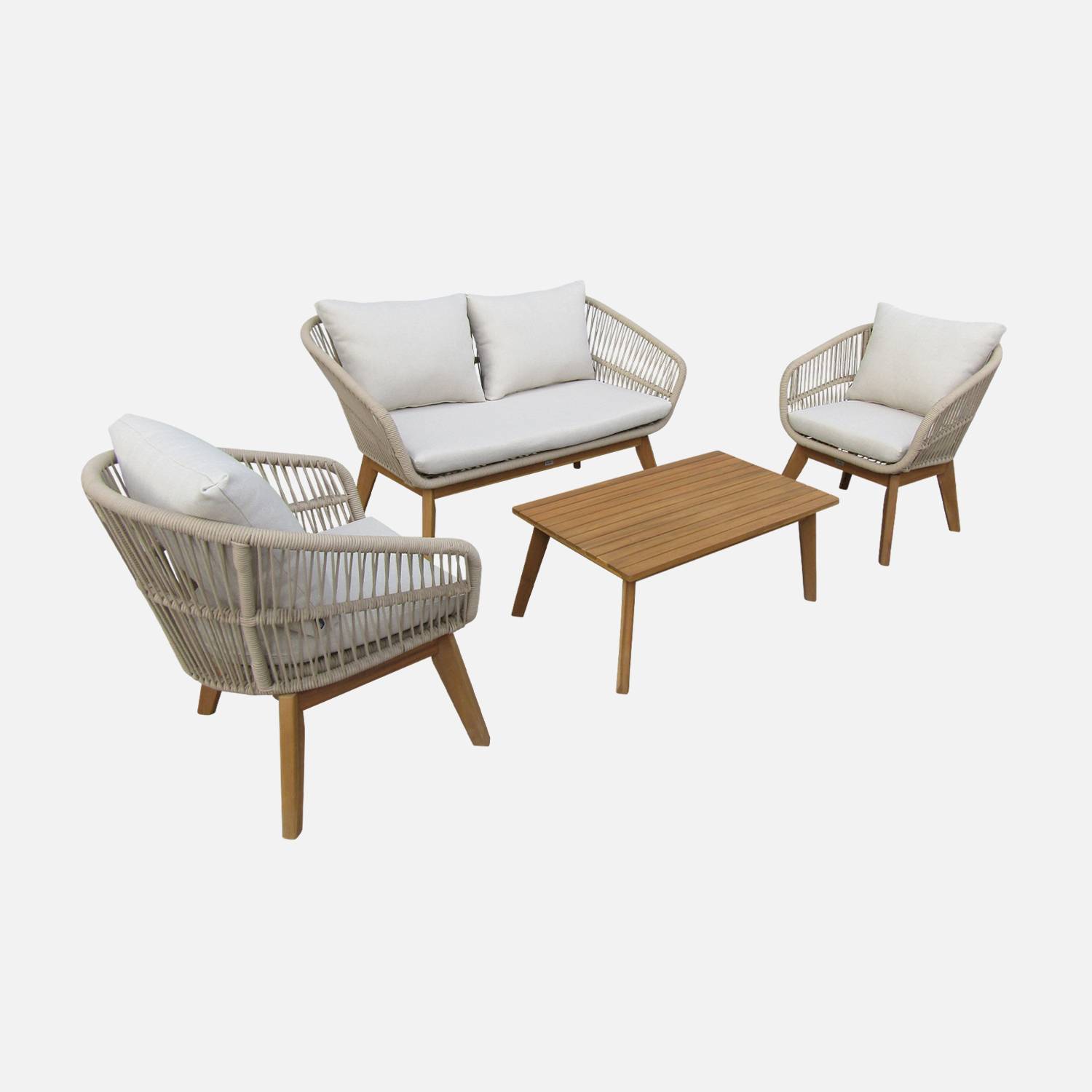 Gartengarnitur 4 Sitze - ROSARIO - aus geflochtenen Seilen, Holz und Aluminium, grau / beige Kissen | sweeek