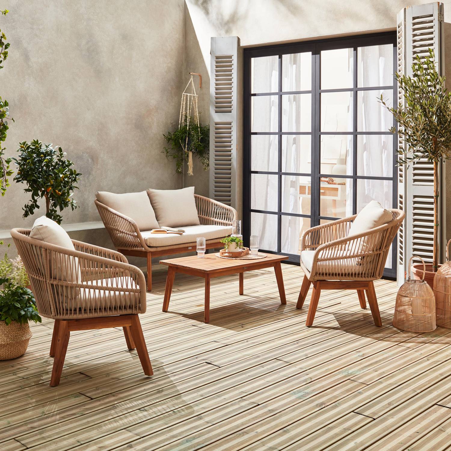 Set di mobili da giardino 4 posti - ROSARIO - corda intrecciata, legno e alluminio, cuscini beige / beige Photo2