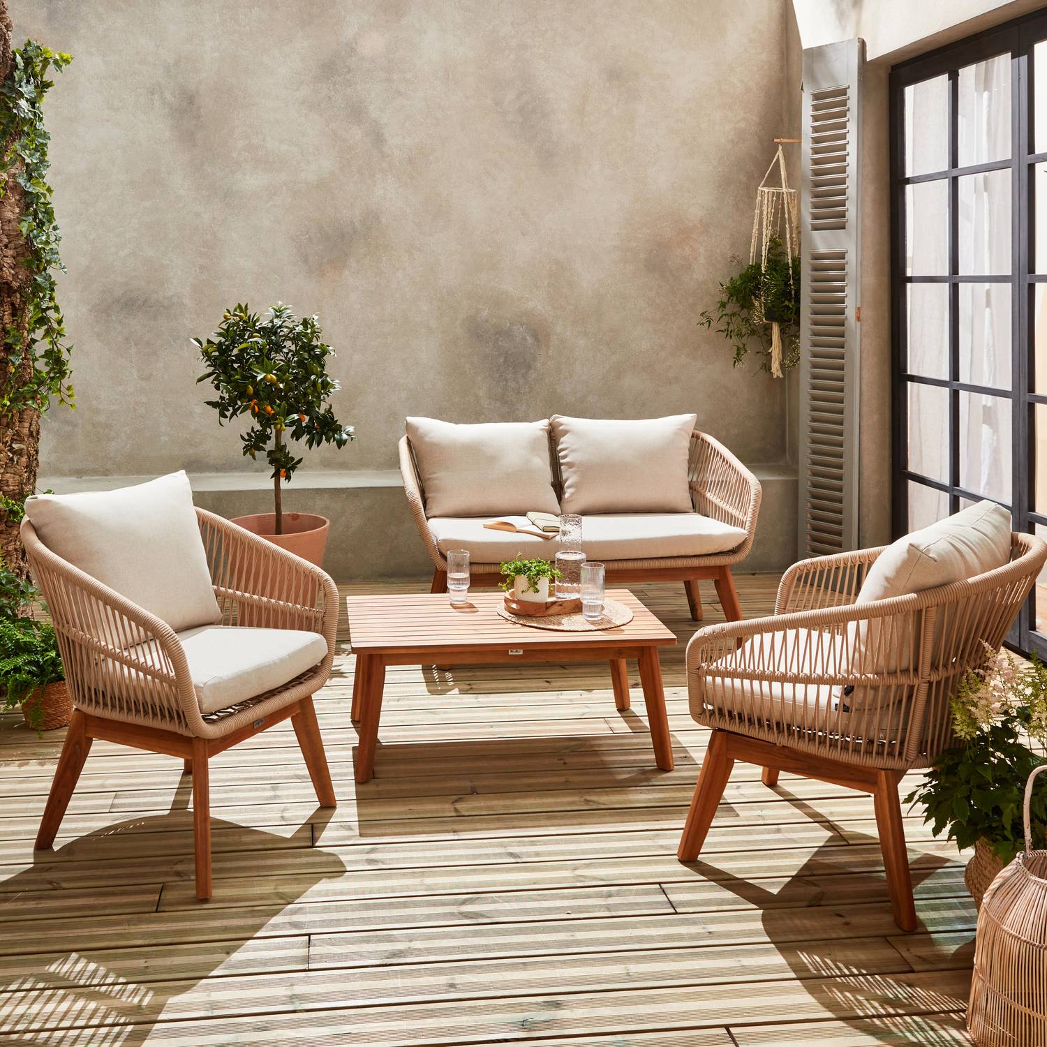 Conjunto de muebles de jardín de 4 plazas - ROSARIO - cuerda tejida, madera y aluminio, cojines gris / beige Photo1