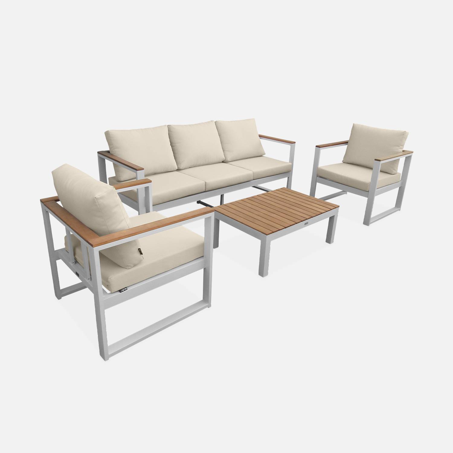 Conjunto de mobiliário de jardim branco de 5 lugares com almofadas bege | sweeek