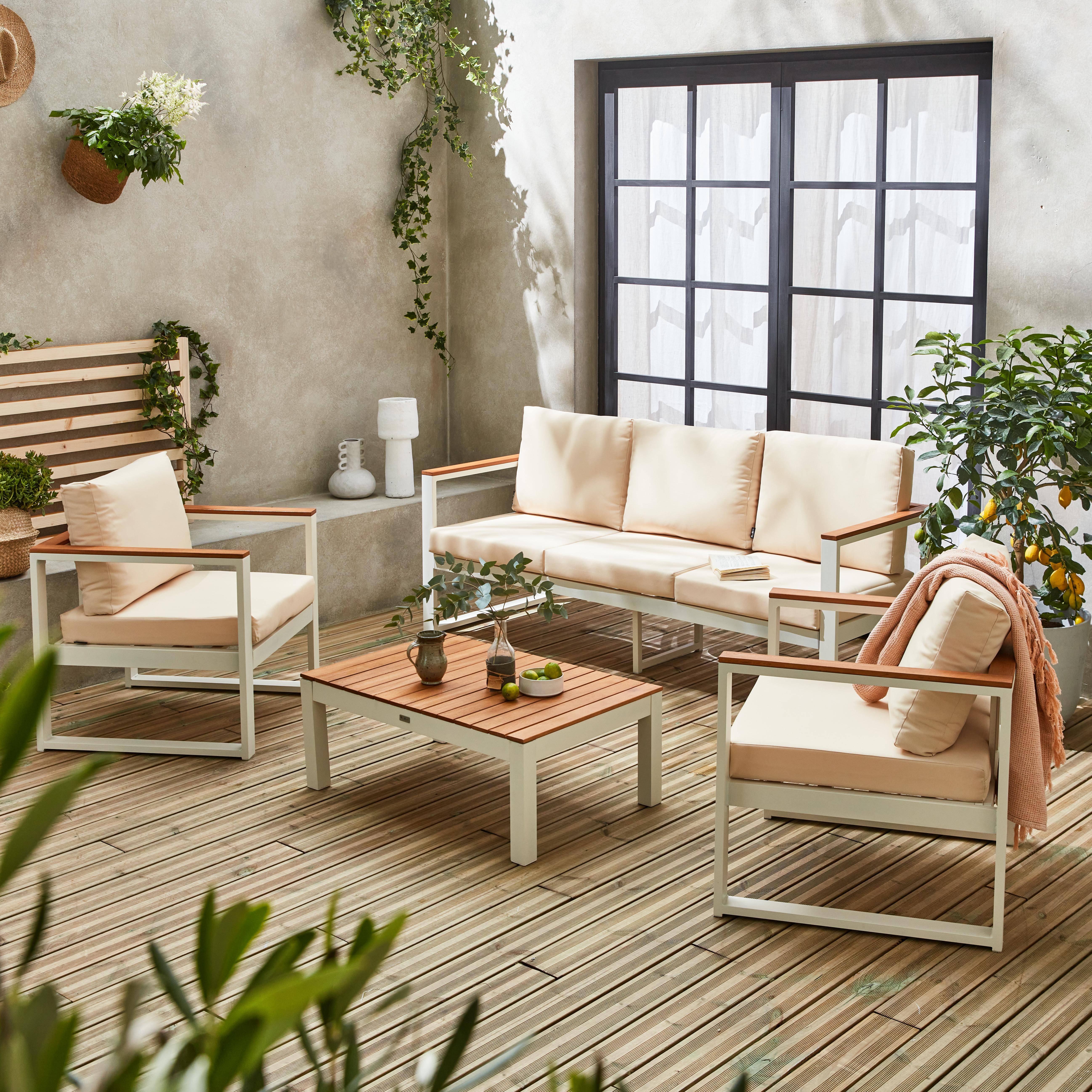 Conjunto de muebles de jardín 5 plazas aluminio y eucalipto - NAZCA - Estructura blanca, Cojines beige Photo1