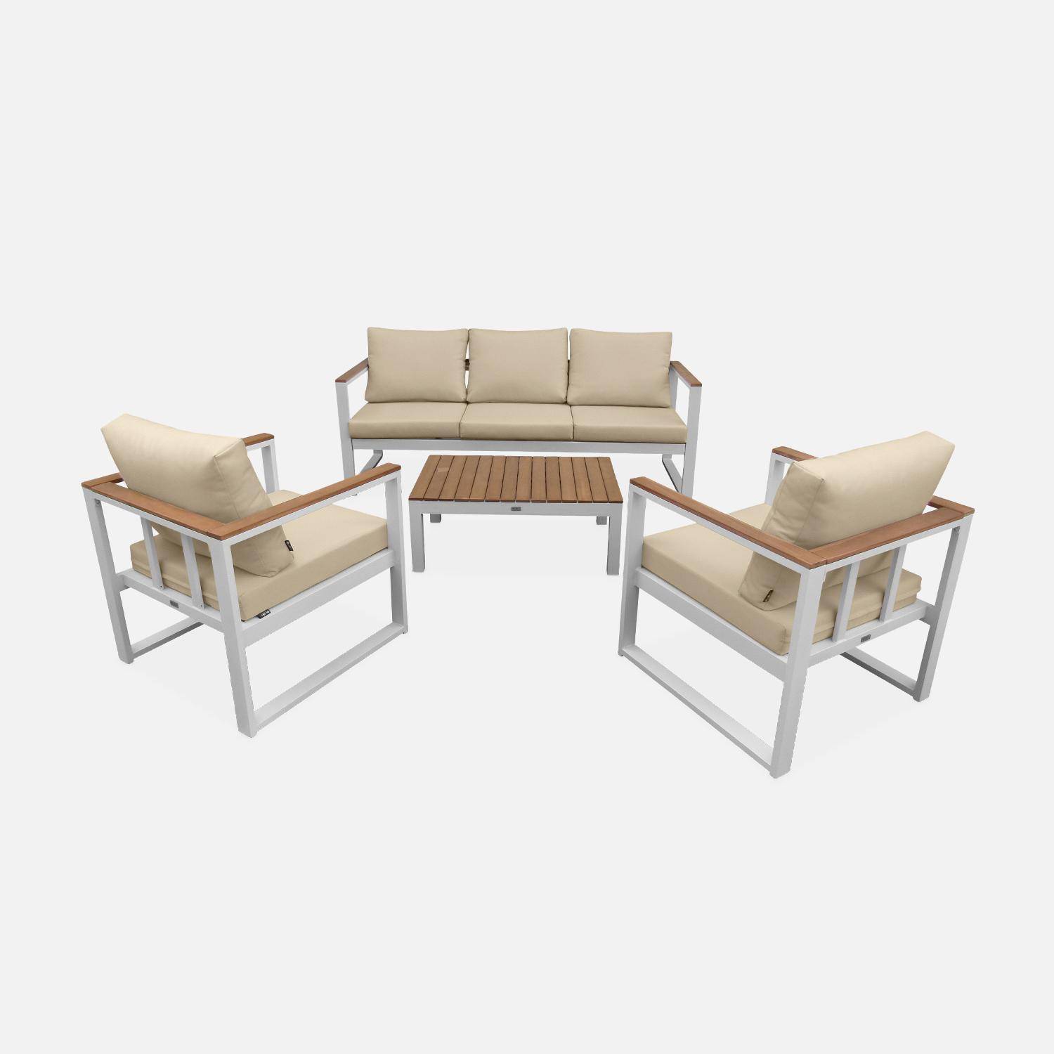 Salon de jardin 5 places en aluminium et eucalyptus – NAZCA – Structure blanche, Coussins beiges Photo2