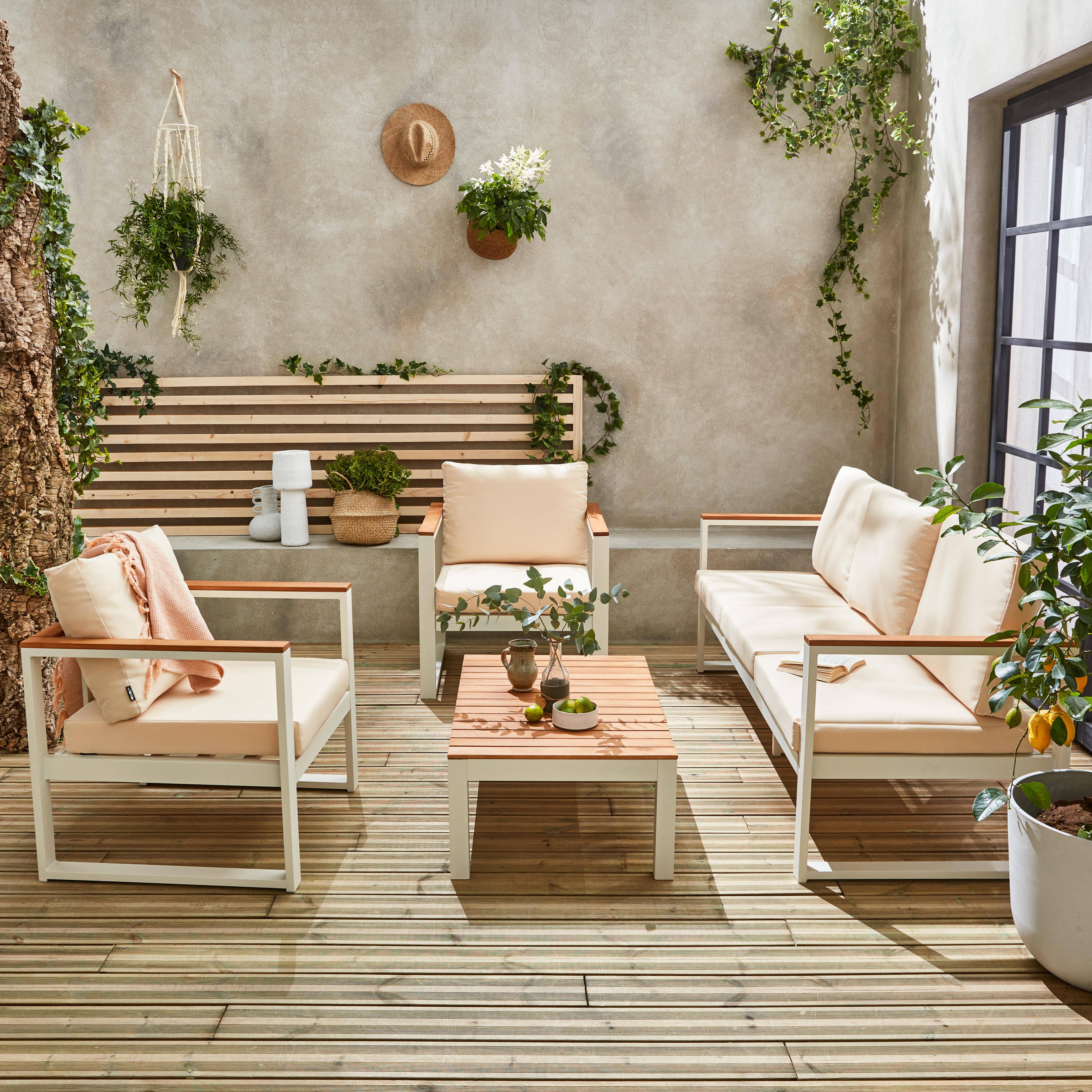 Conjunto de muebles de jardín 5 plazas aluminio y eucalipto - NAZCA - Estructura blanca, Cojines beige Photo2