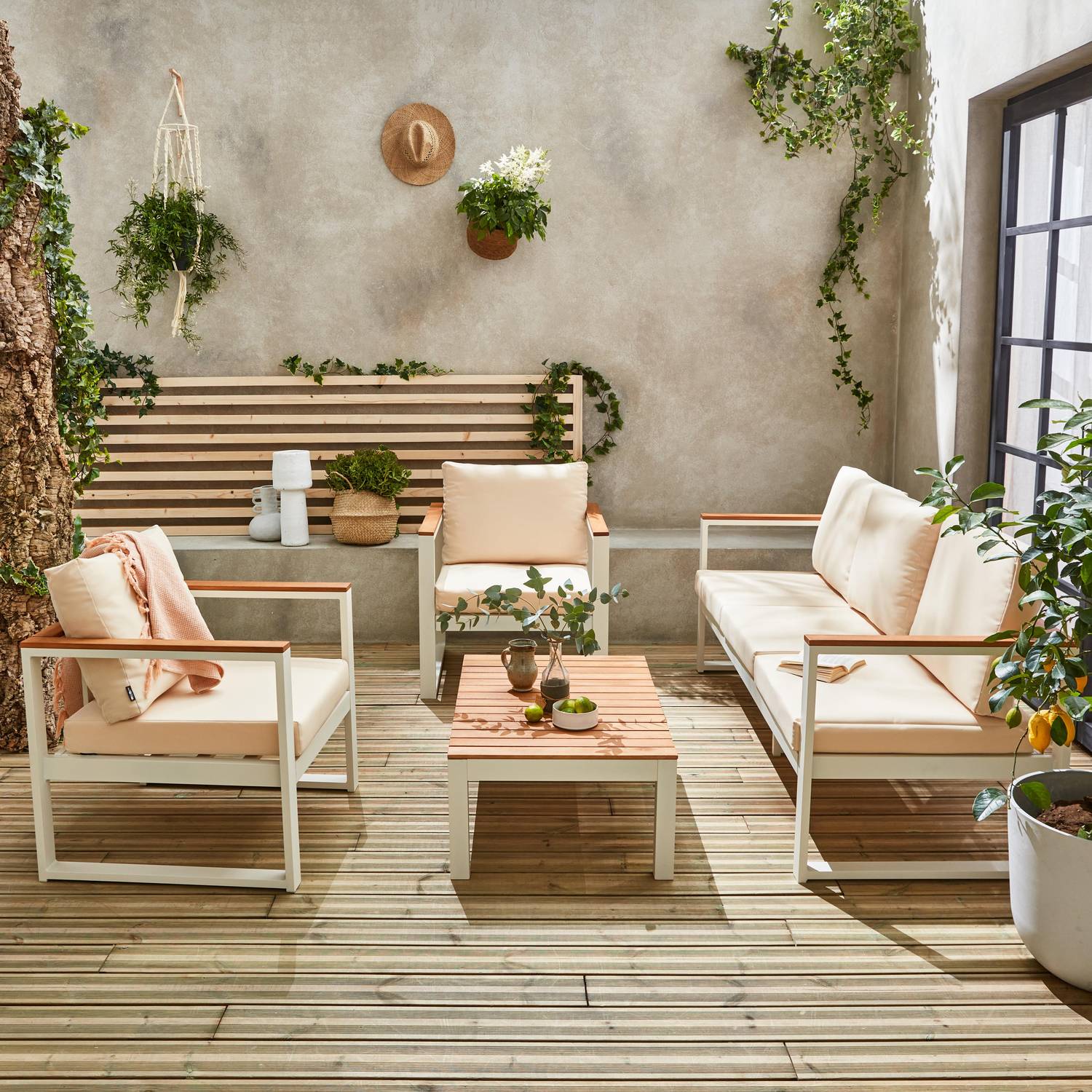 Set di mobili da giardino 5 posti in alluminio ed eucalipto - NAZCA - Struttura bianca, cuscini beige Photo2