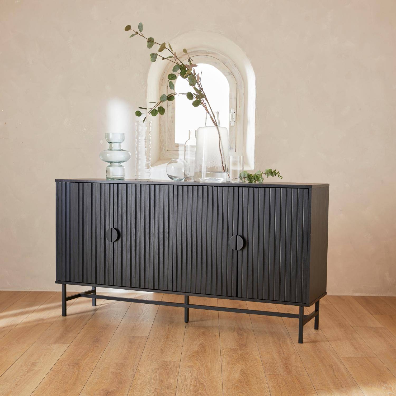 Sideboard cabinet with two doors and one shelf, ridged effect, industrial style, 157.5x39x83cm - Bazalt - Black,sweeek,Photo1