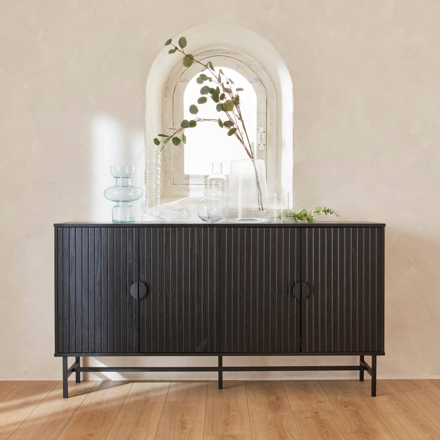 Sideboard cabinet with two doors and one shelf, ridged effect, industrial style, 157.5x39x83cm - Bazalt - Black,sweeek,Photo2