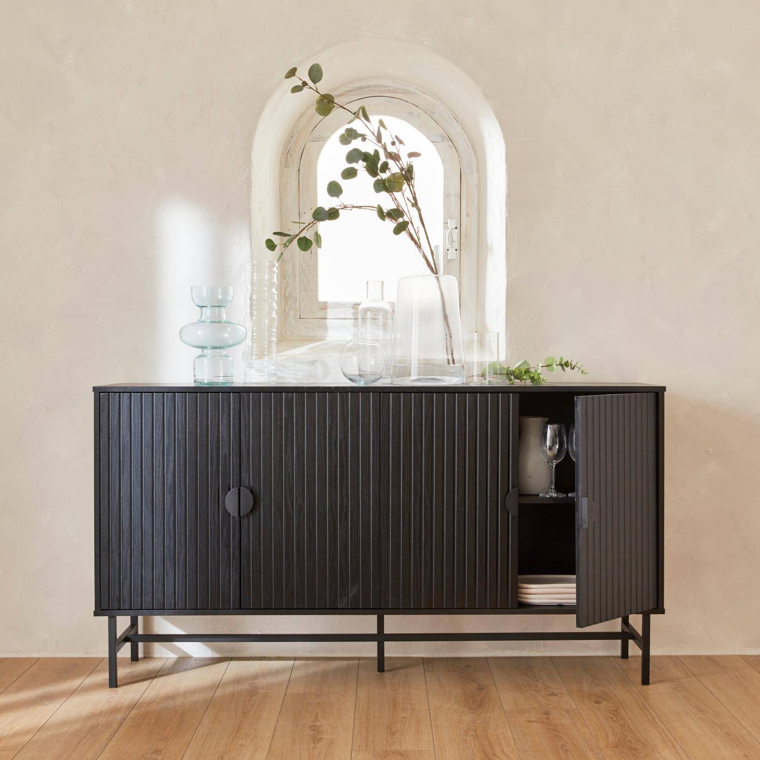 Sideboard cabinet with two doors and one shelf, ridged effect, industrial style, 157.5x39x83cm - Bazalt - Black,sweeek,Photo3