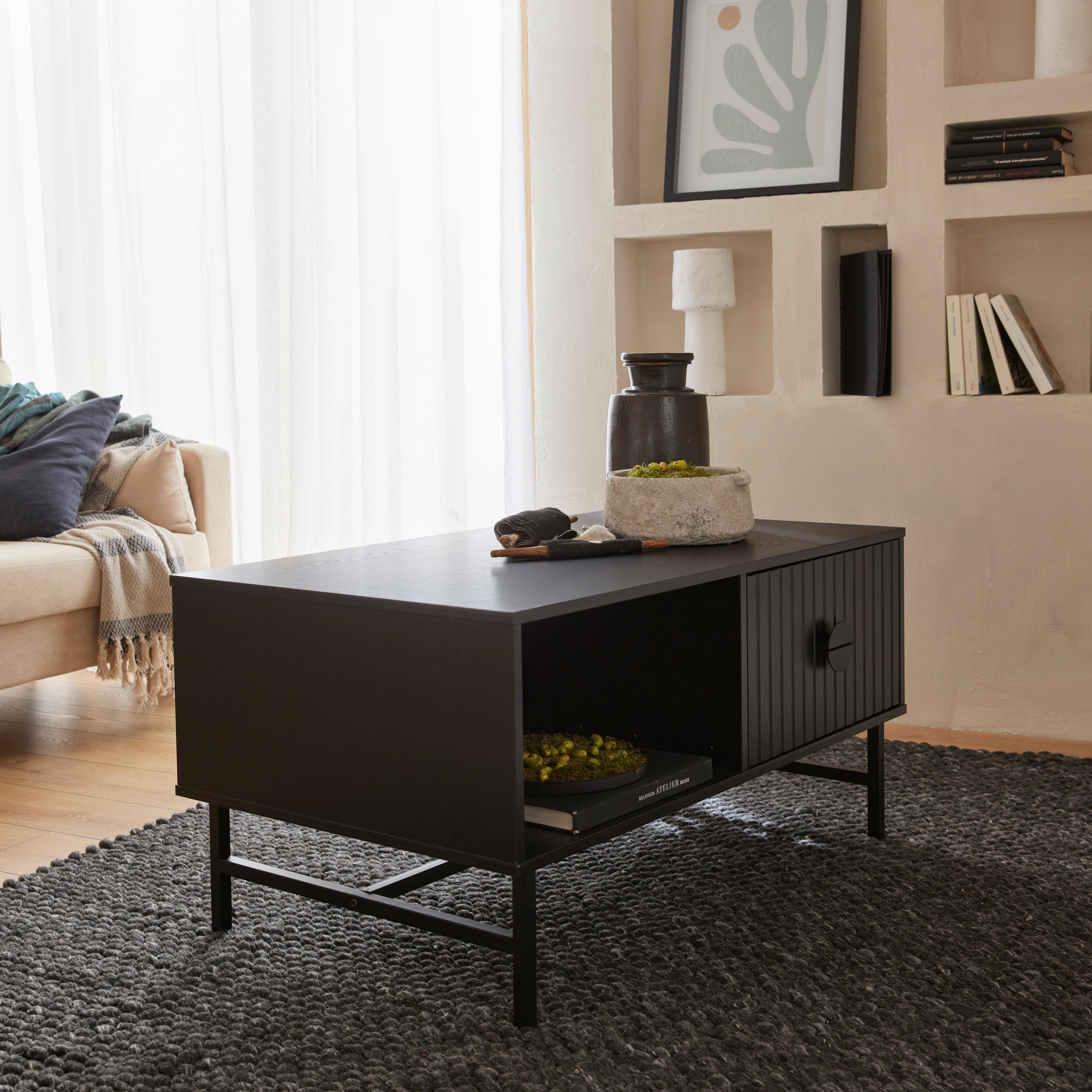 Coffee table with one drawer and one storage nook, ridged effect, industrial style, 100x59x50.2cm - Bazalt - Black,sweeek,Photo1