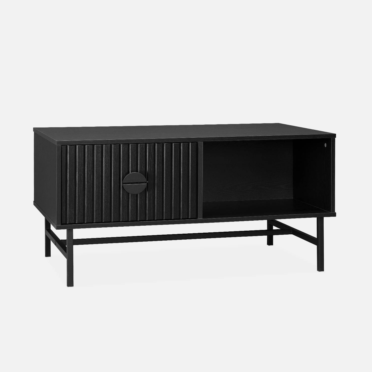 Coffee table with one drawer and one storage nook, ridged effect, industrial style, 100x59x50.2cm - Bazalt - Black Photo4