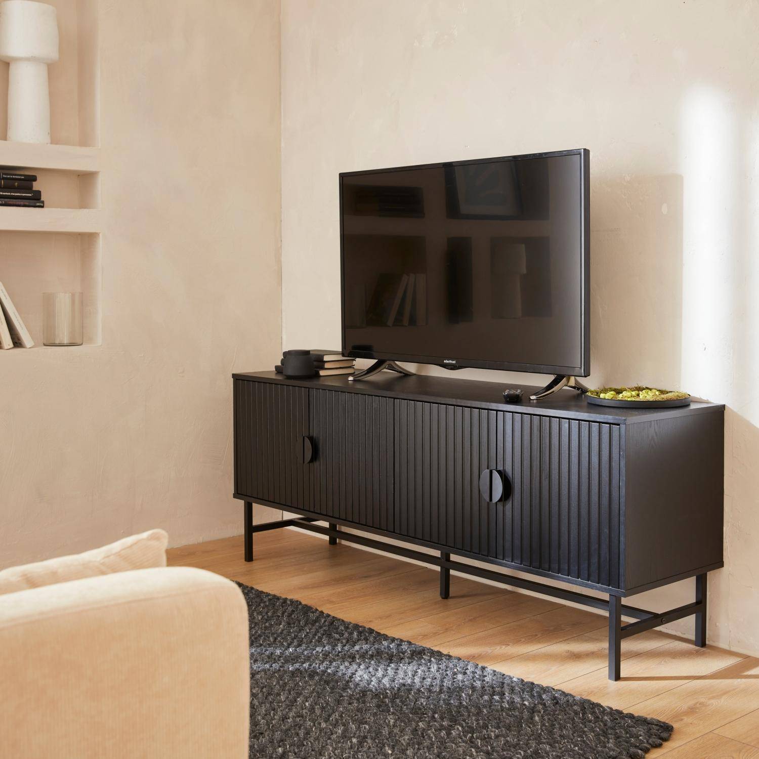 TV stand with two doors and one shelf, ridged effect, industrial style, 160x39x60cm - Bazalt - Black Photo1