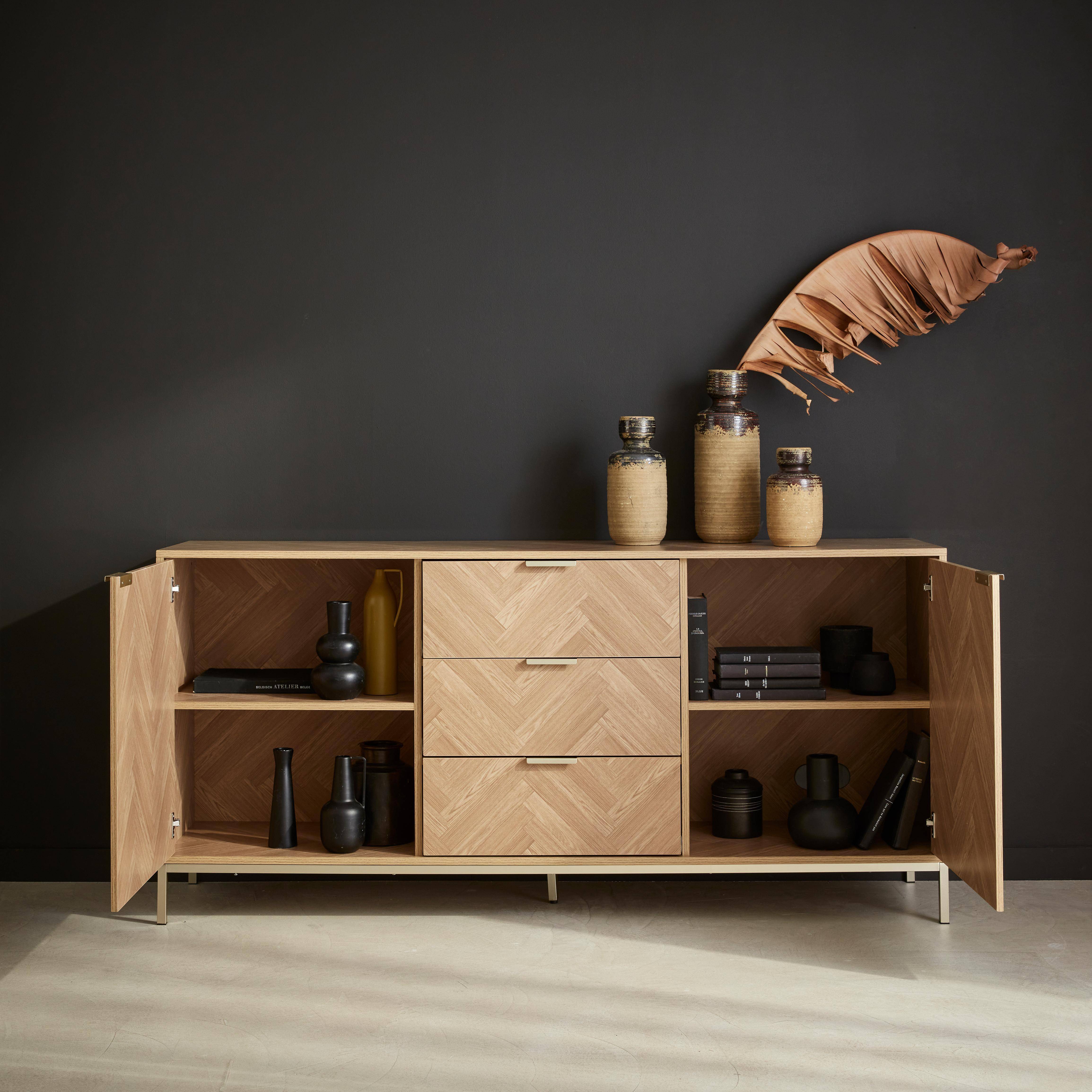 Herringbone sideboard with 2 cupboards, 3 drawers, 160x40x75cm - Budapest - Natural Photo2