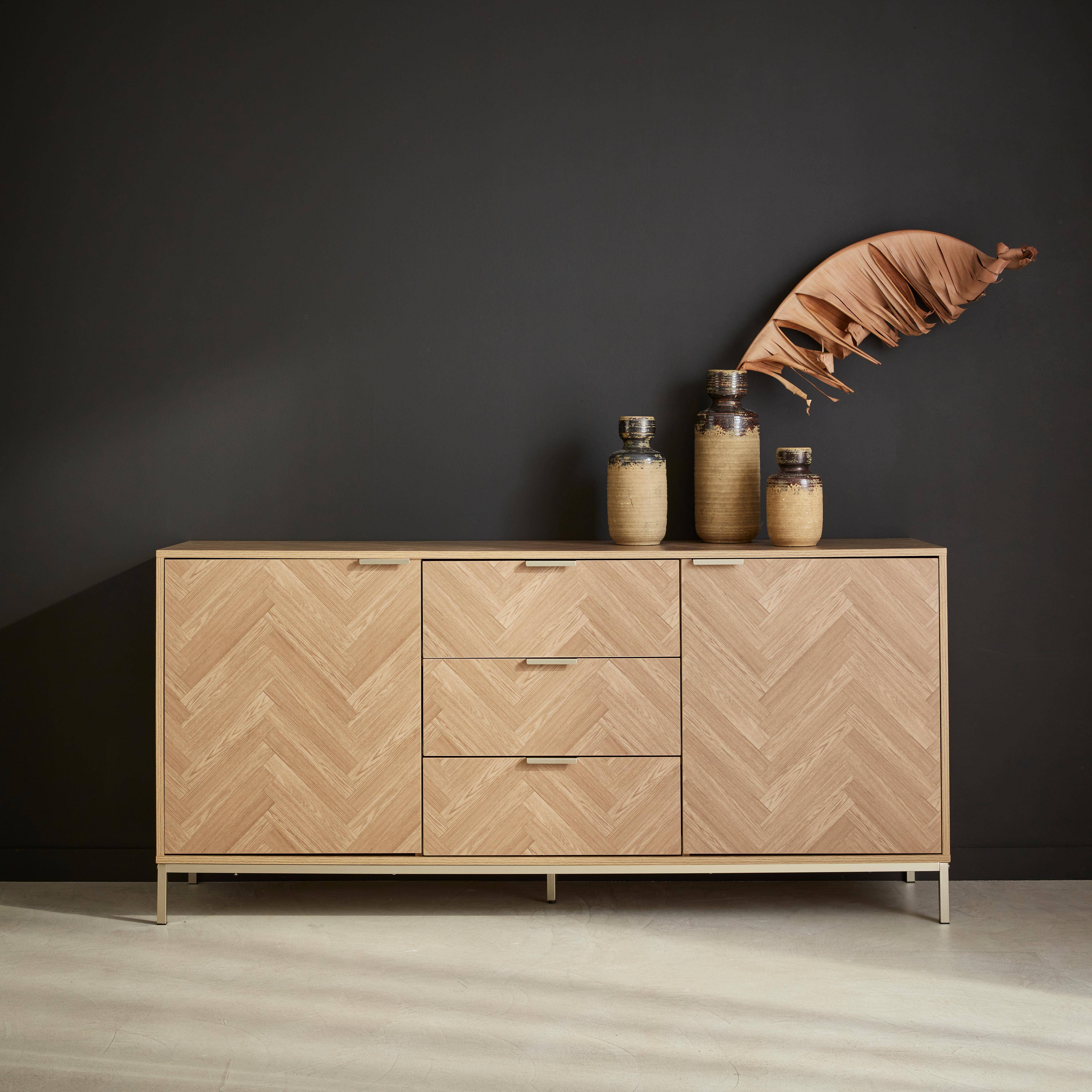 Herringbone sideboard with 2 cupboards, 3 drawers, 160x40x75cm - Budapest - Natural Photo1