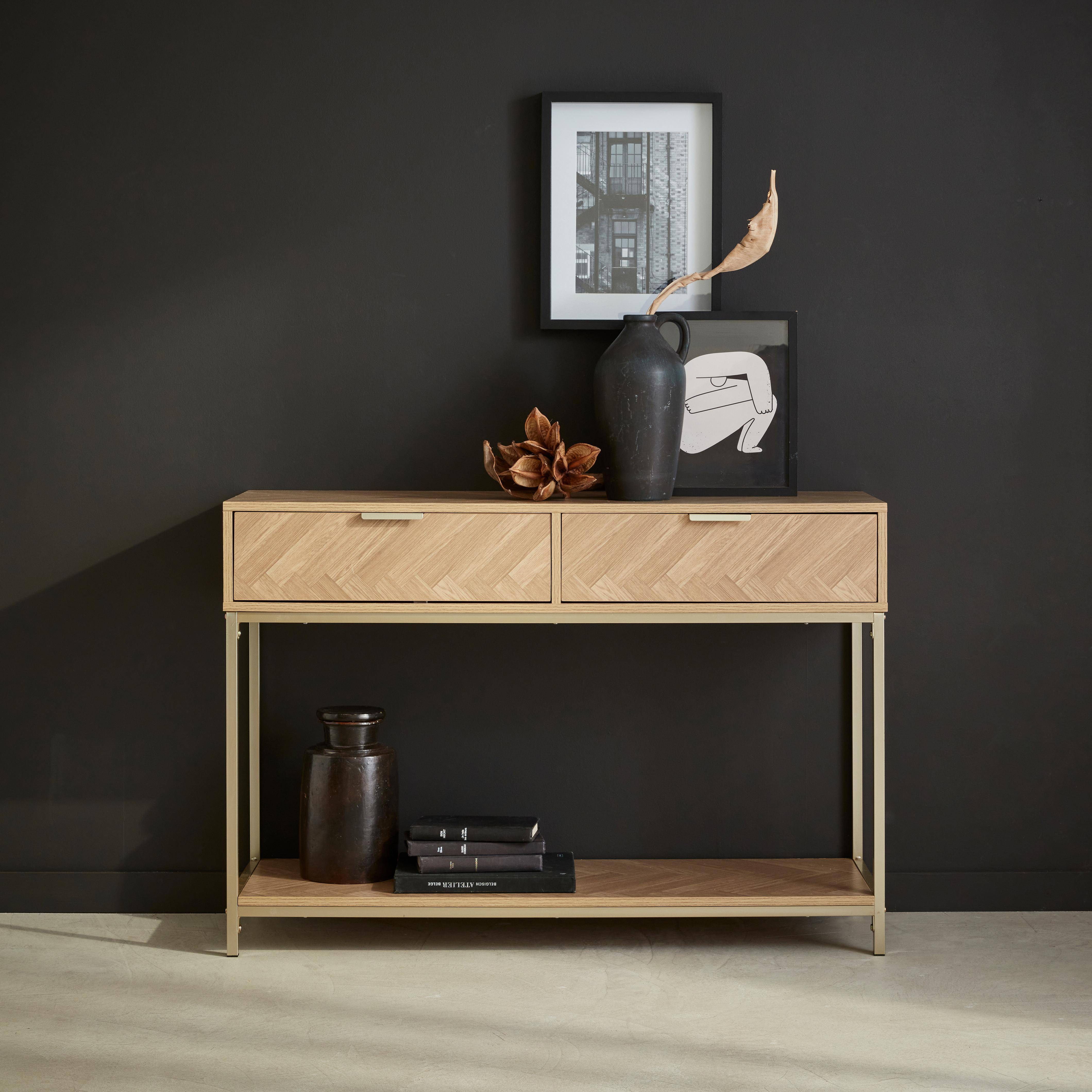 Herringbone hallway console table with 2 drawers, 110x35x75cm - Budapest - Natural Photo1