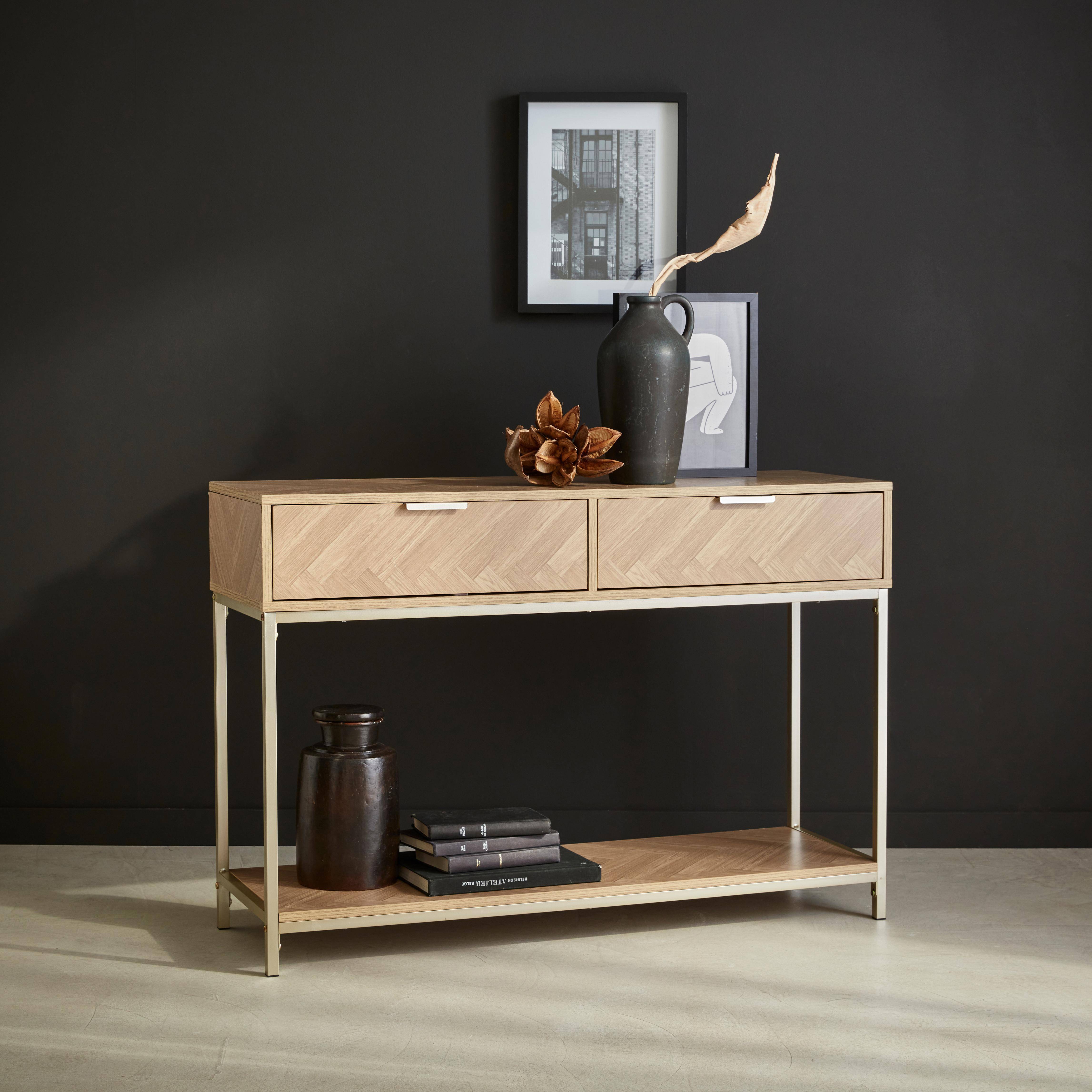 Herringbone hallway console table with 2 drawers, 110x35x75cm - Budapest - Natural Photo2