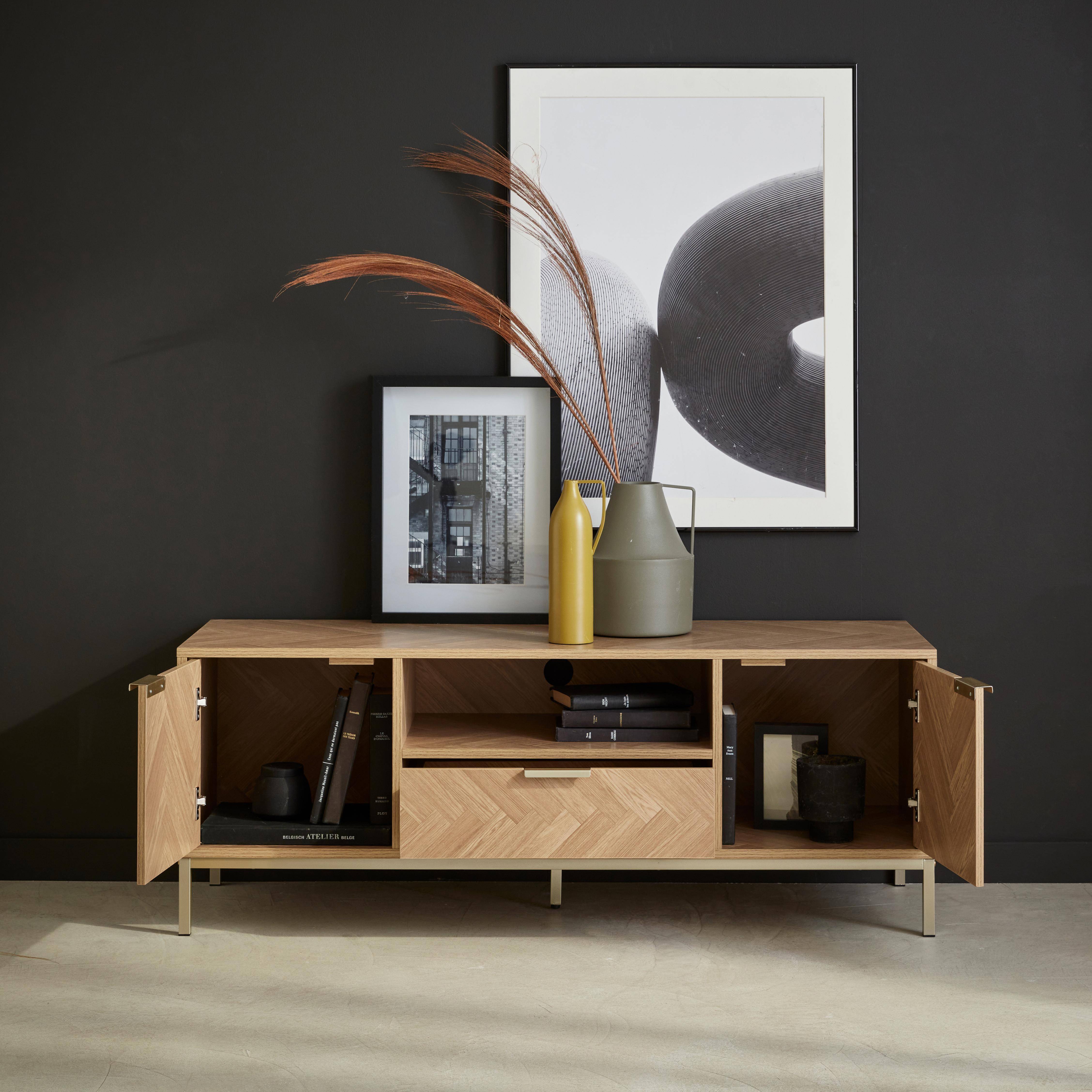 Herringbone TV stand with 2 cupboards,1 drawer, 120x40x45cm - Budapest - Natural Photo3