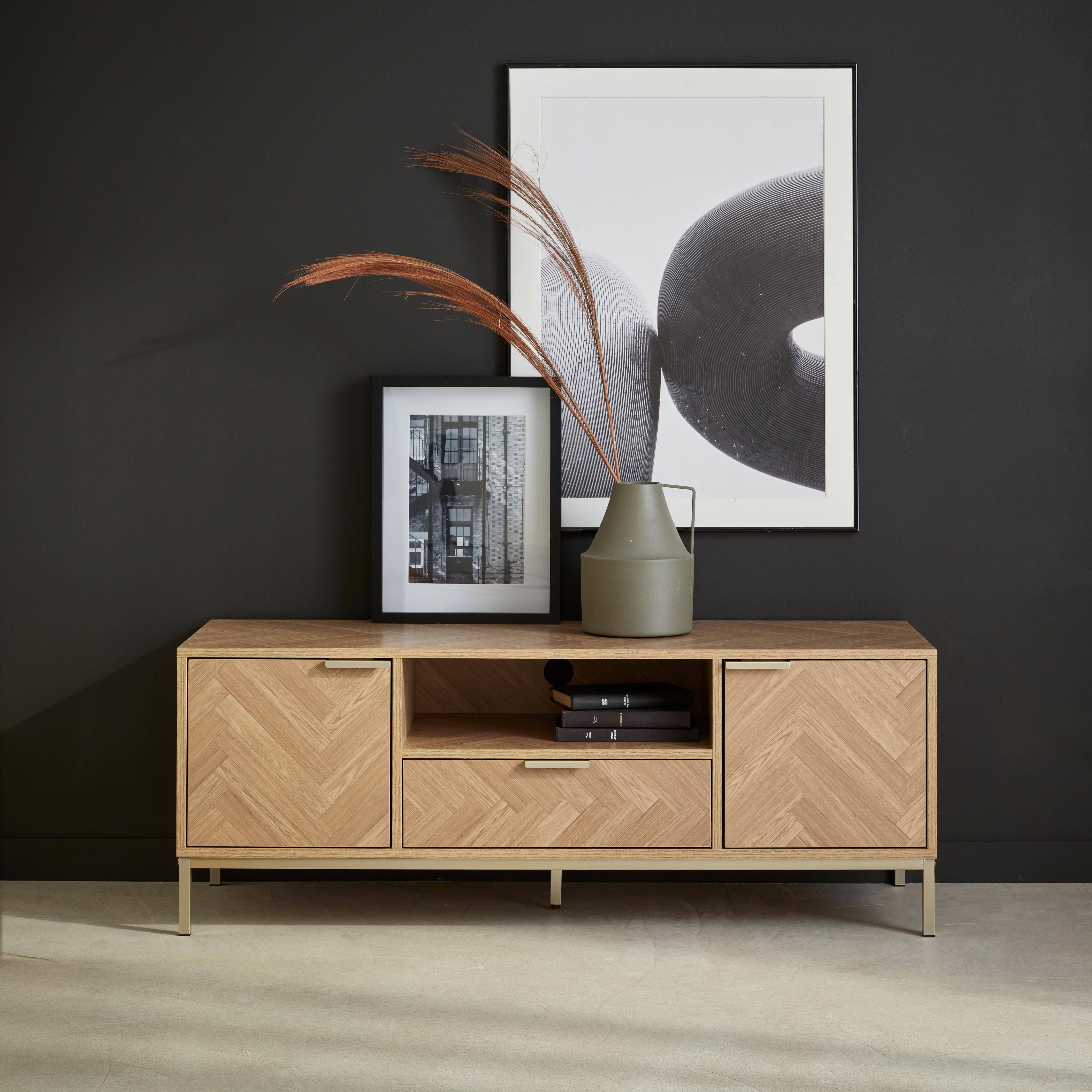 Herringbone TV stand with 2 cupboards,1 drawer, 120x40x45cm - Budapest - Natural Photo2