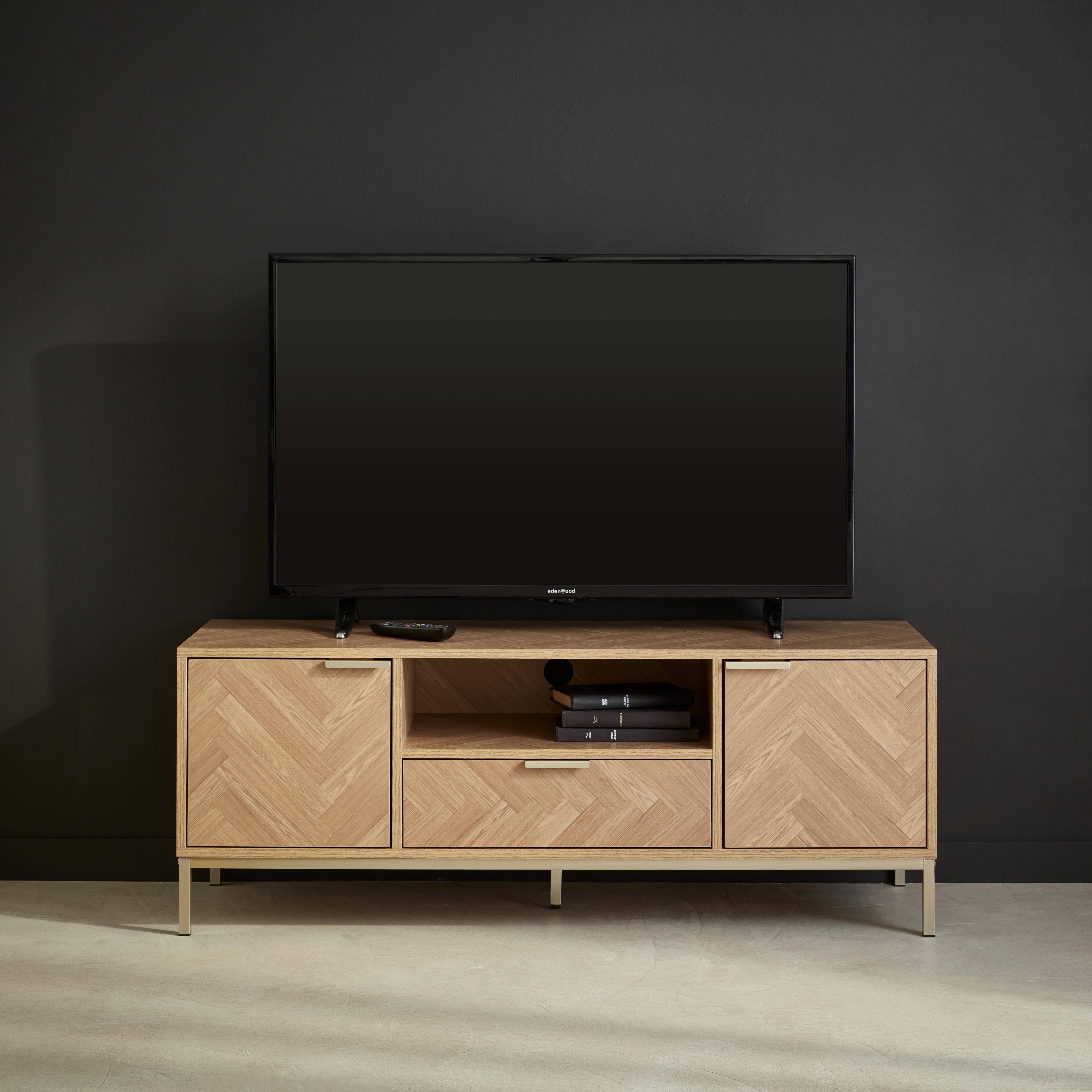 Herringbone TV stand with 2 cupboards,1 drawer, 120x40x45cm - Budapest - Natural Photo1