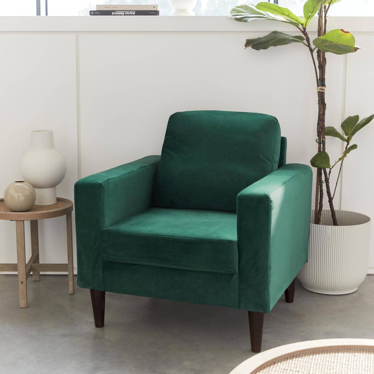 Donkergroene velours armstoel - Bjorn - 1-zits sofa, rechte houten poten Photo1