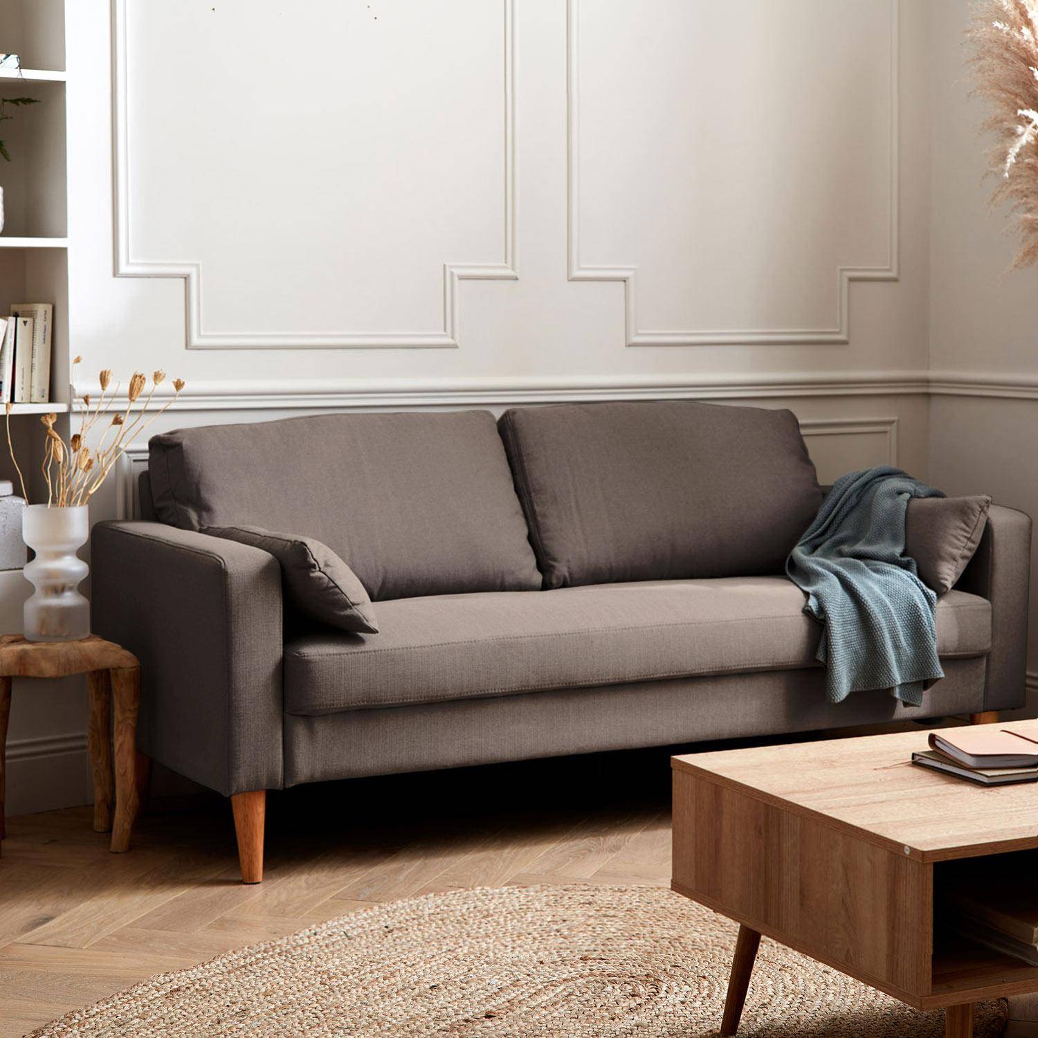 Donkergrijze stoffen driezits sofa - Bjorn - 3-zits bank met houten poten, scandinavische stijl  ,sweeek,Photo1