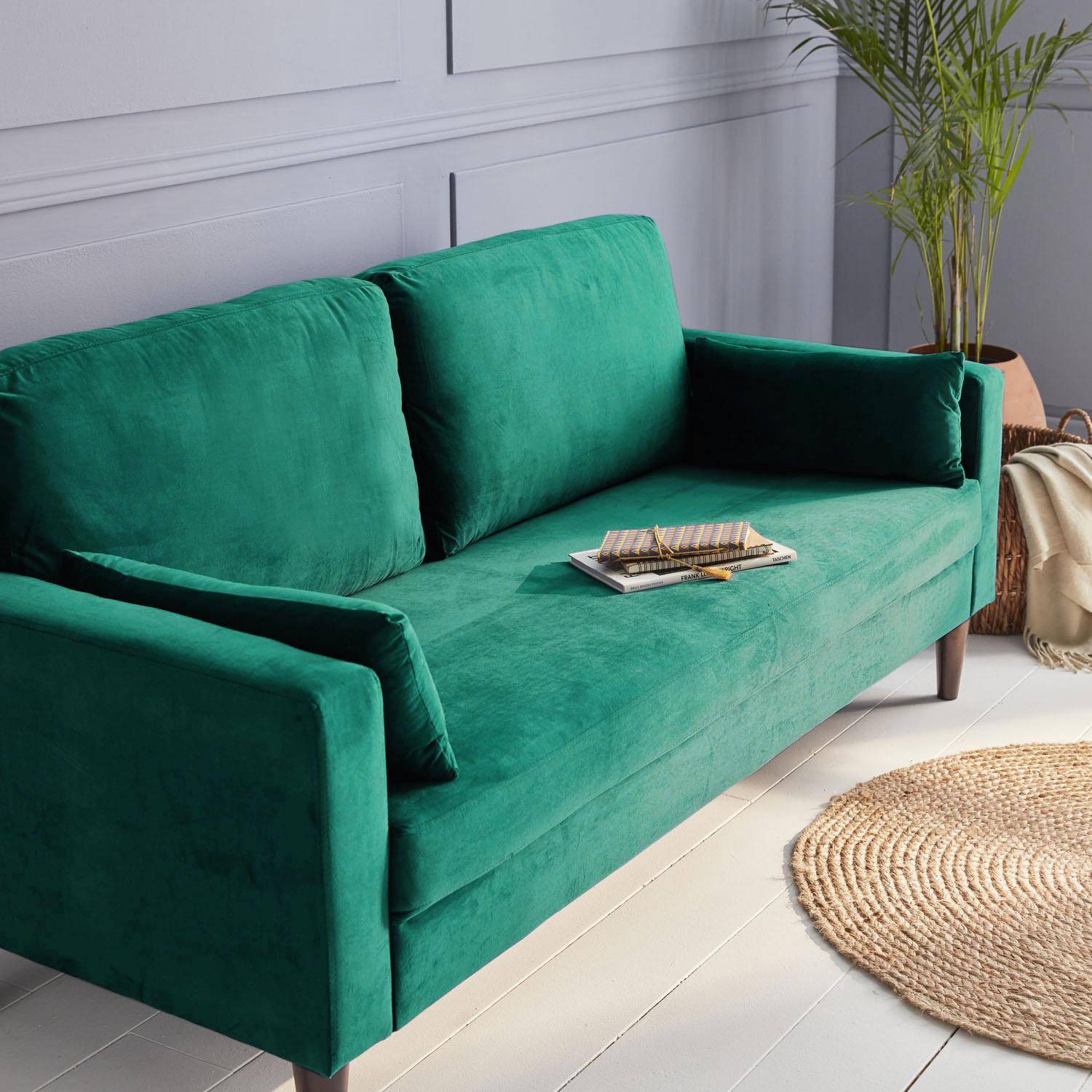 Driezits sofa van mosgroen velours - Bjorn - 3-zits bank met houten poten, scandinavische stijl  ,sweeek,Photo2